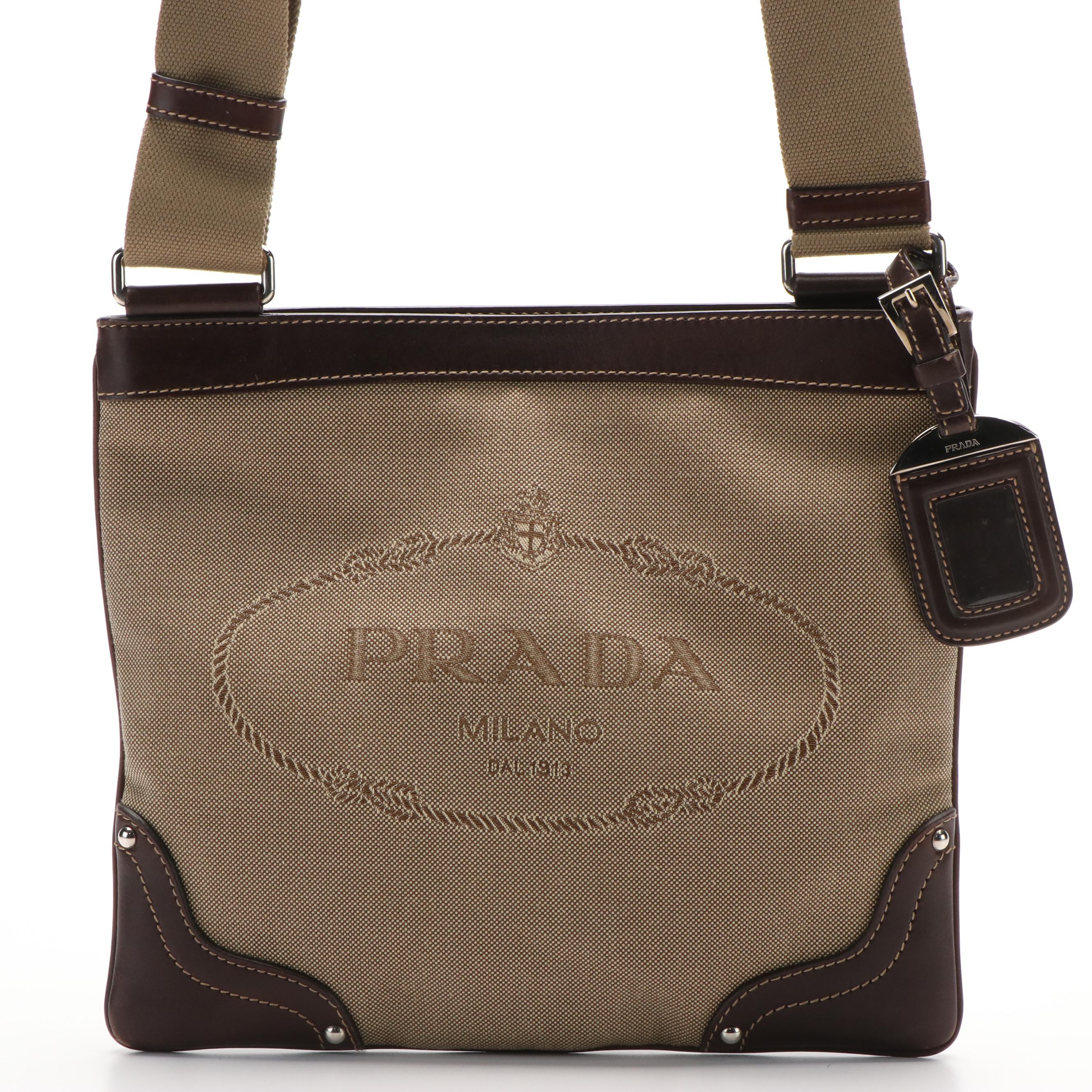 Prada Canapa Logo Brown Leather and Canvas Messenger Bag