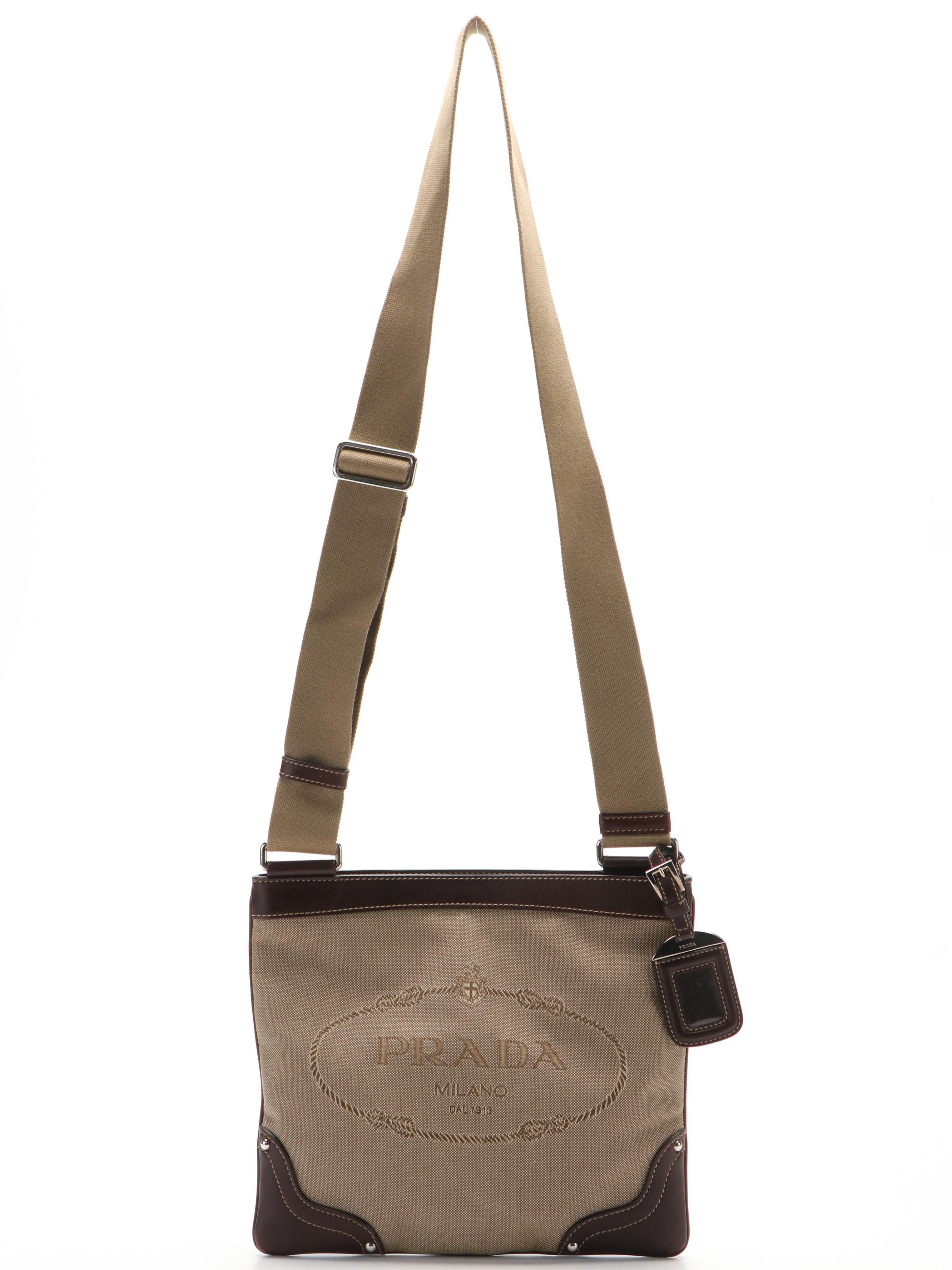 Prada Canapa Logo Brown Leather and Canvas Messenger Bag