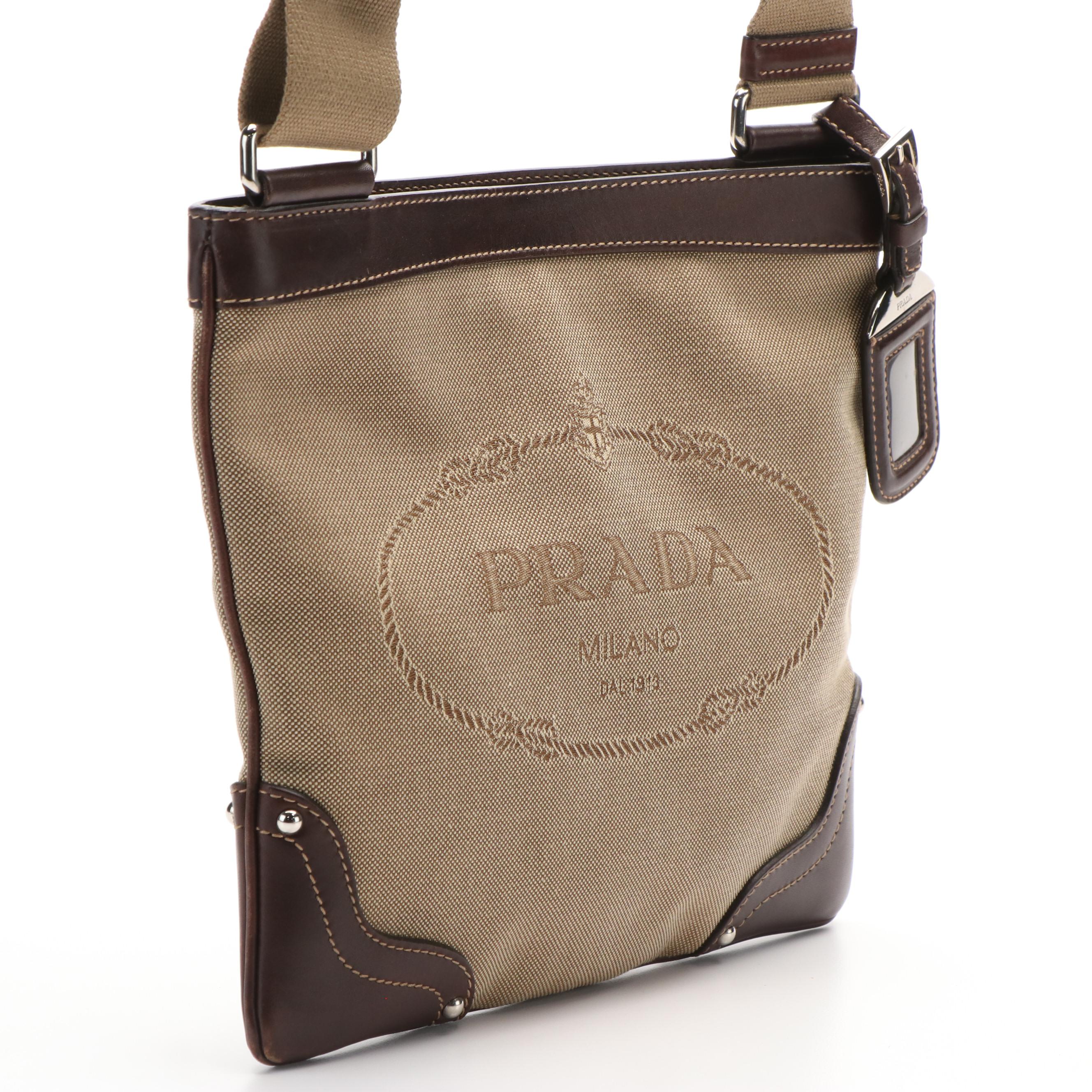Prada Canapa Logo Brown Leather and Canvas Messenger Bag