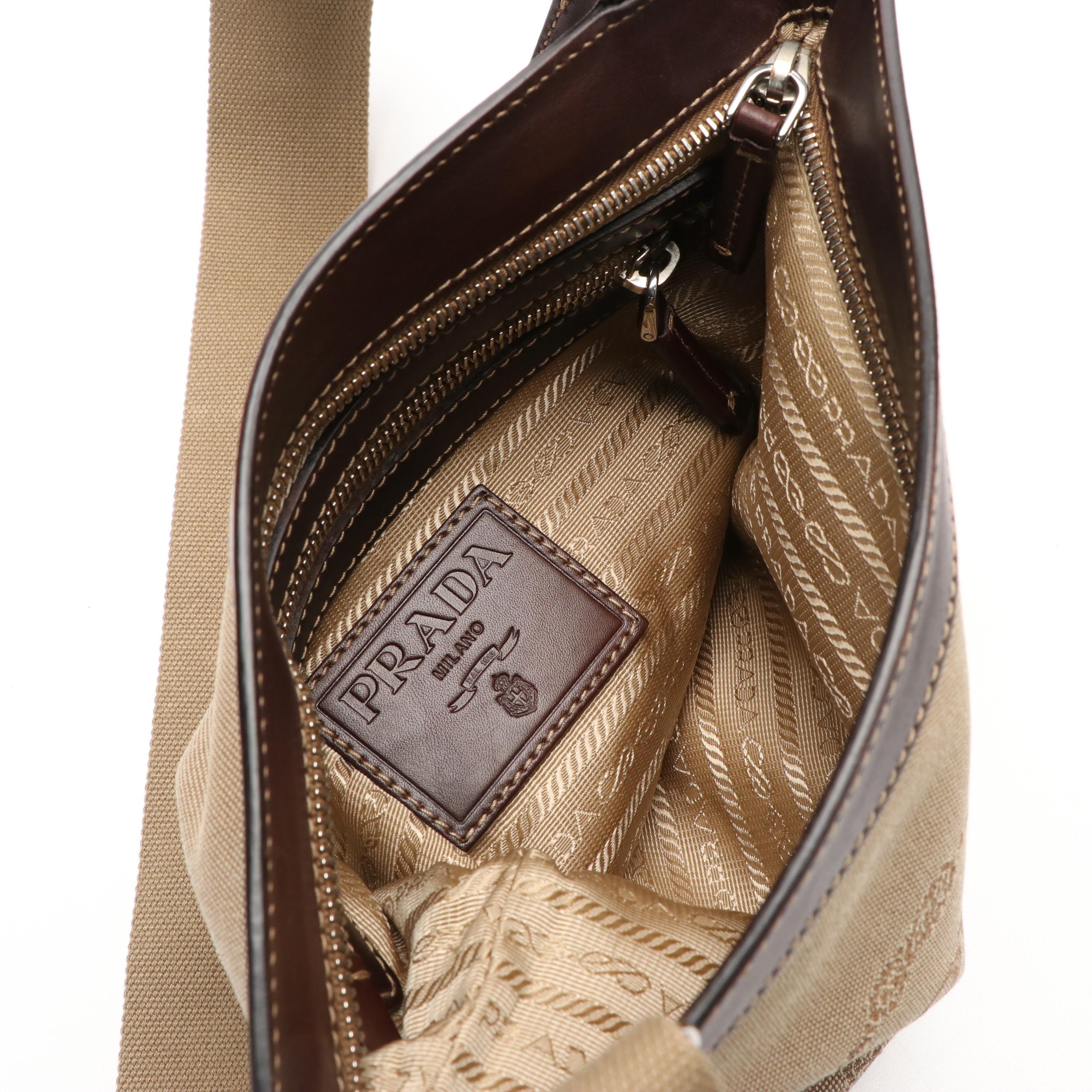Prada Canapa Logo Brown Leather and Canvas Messenger Bag