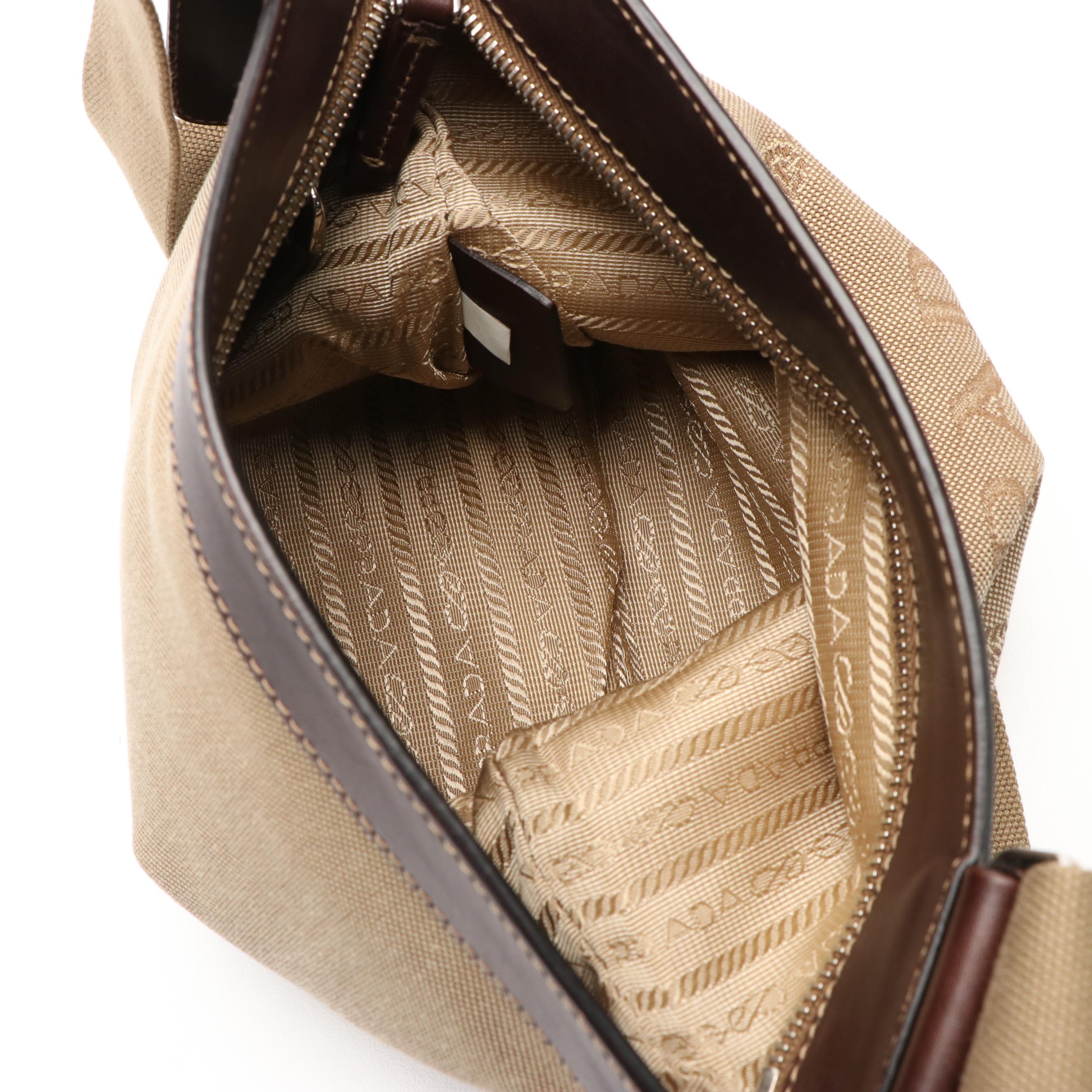 Prada Canapa Logo Brown Leather and Canvas Messenger Bag