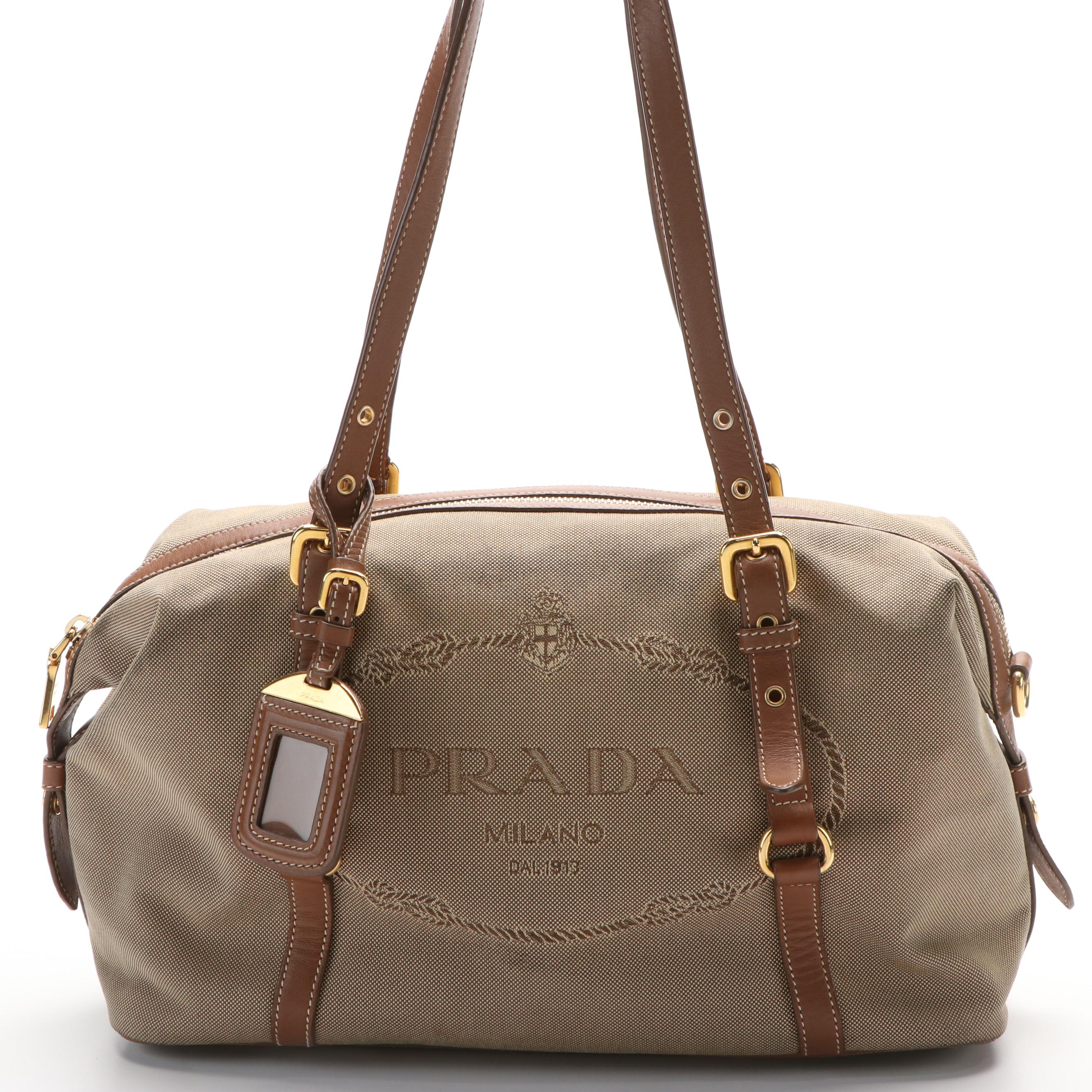 Prada Logo Bauletto Bag in Canvas and Leather