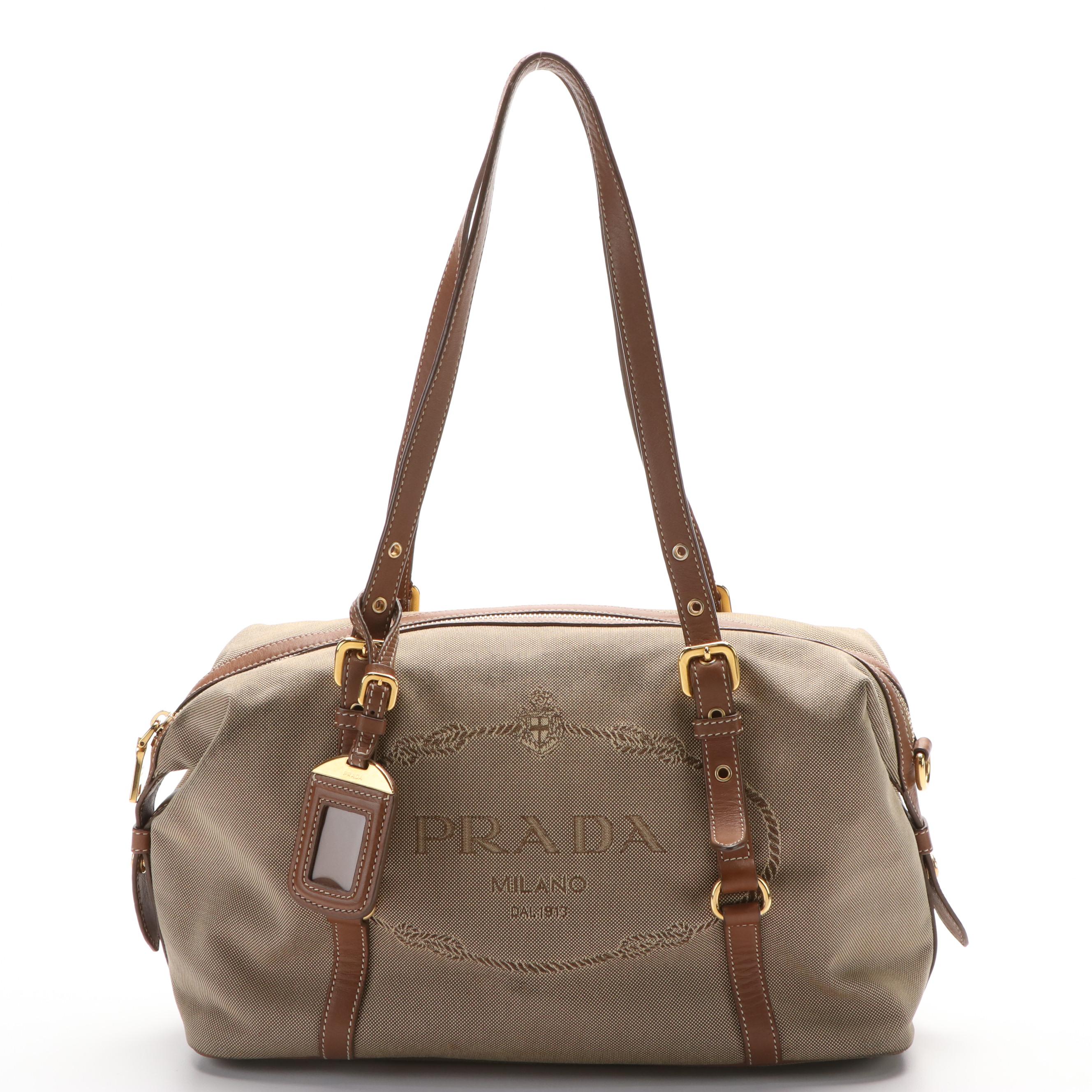Prada Logo Bauletto Bag in Canvas and Leather