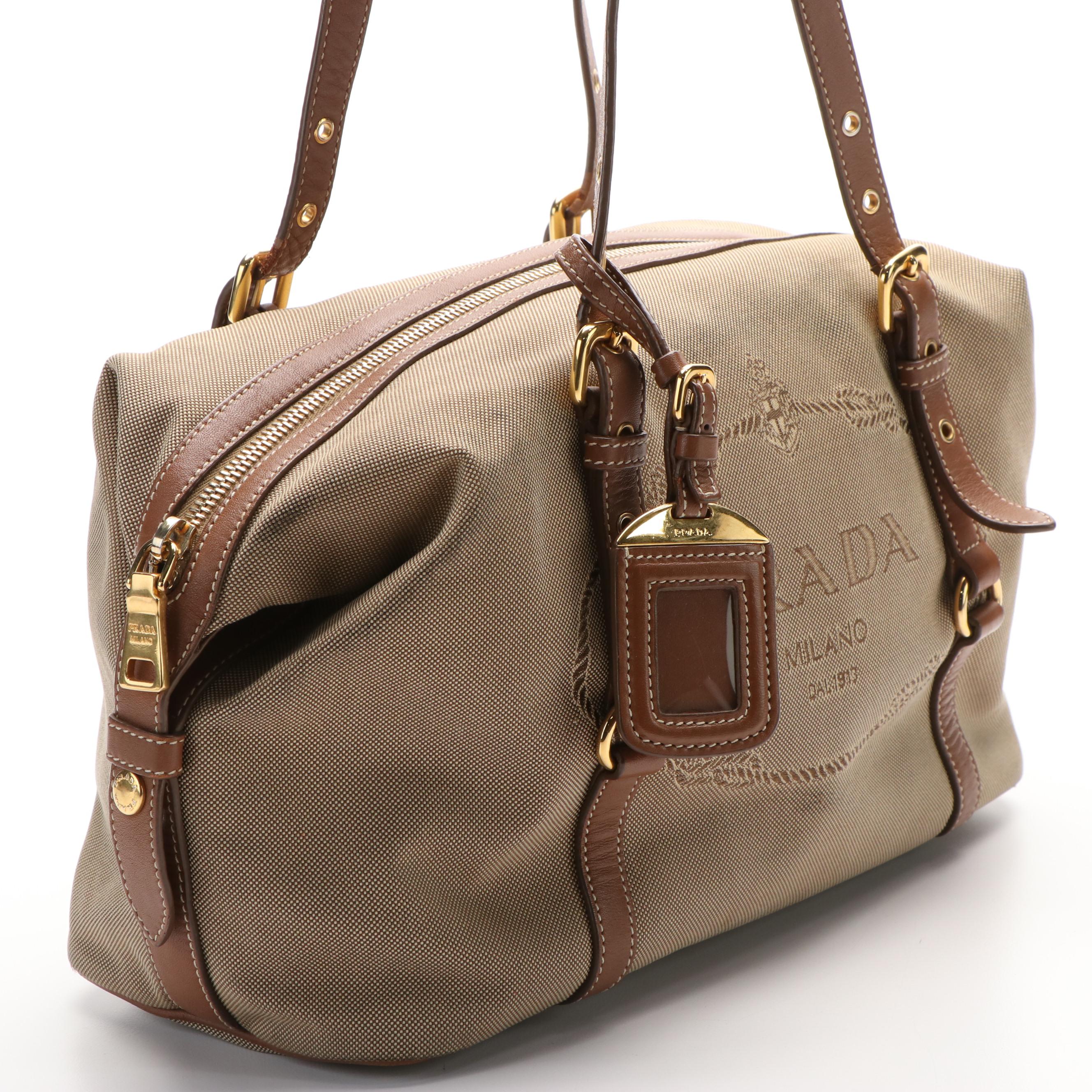 Prada Logo Bauletto Bag in Canvas and Leather