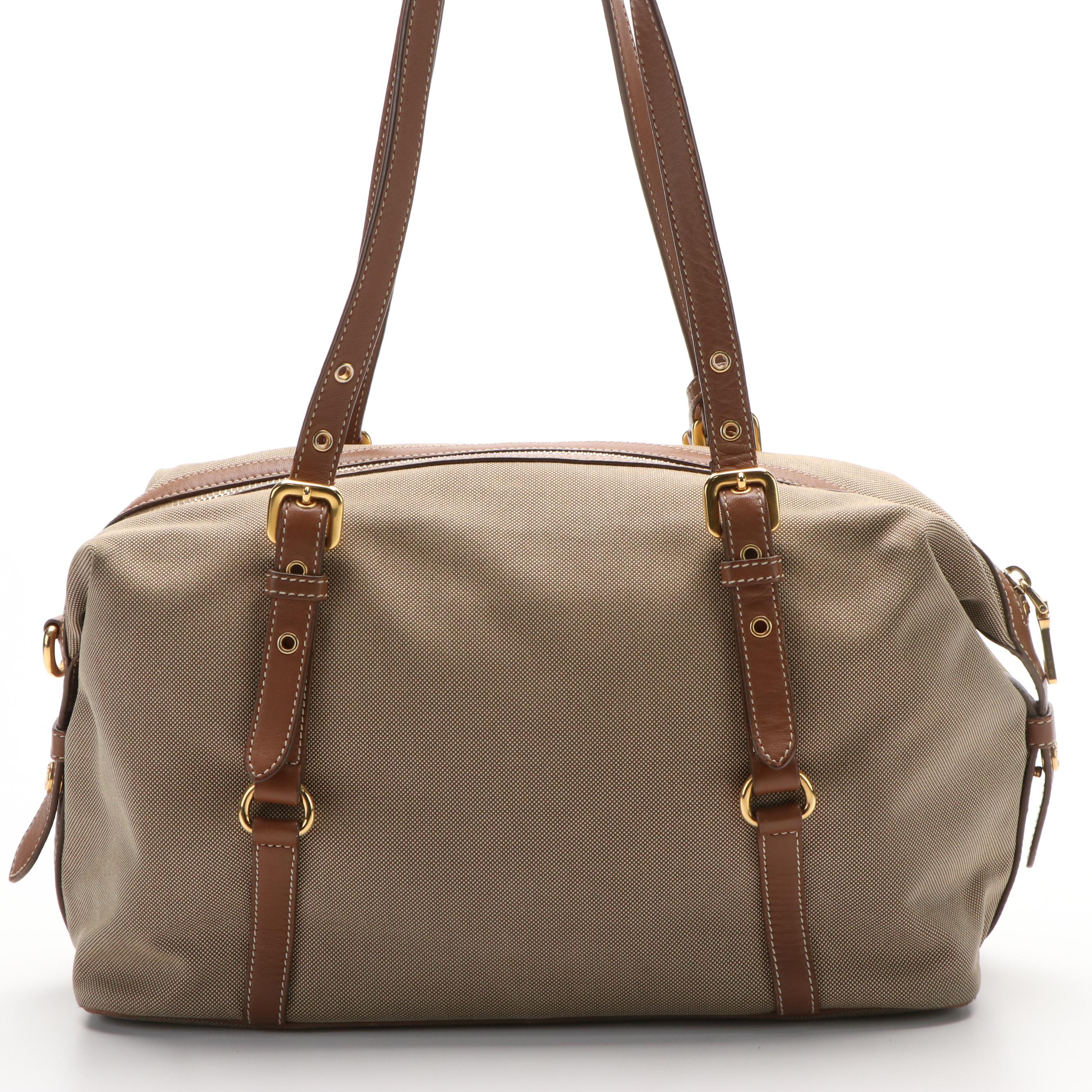 Prada Logo Bauletto Bag in Canvas and Leather