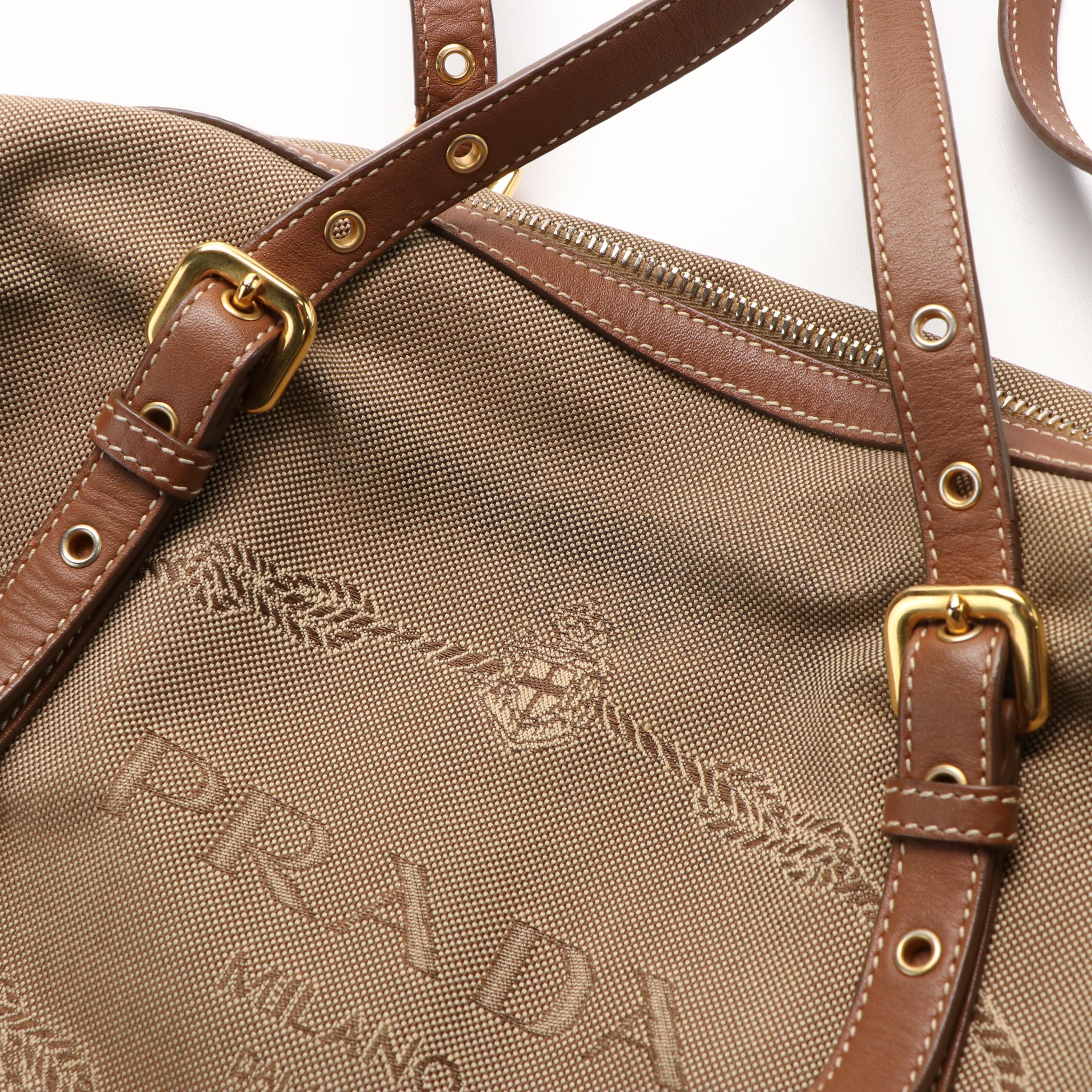 Prada Logo Bauletto Bag in Canvas and Leather