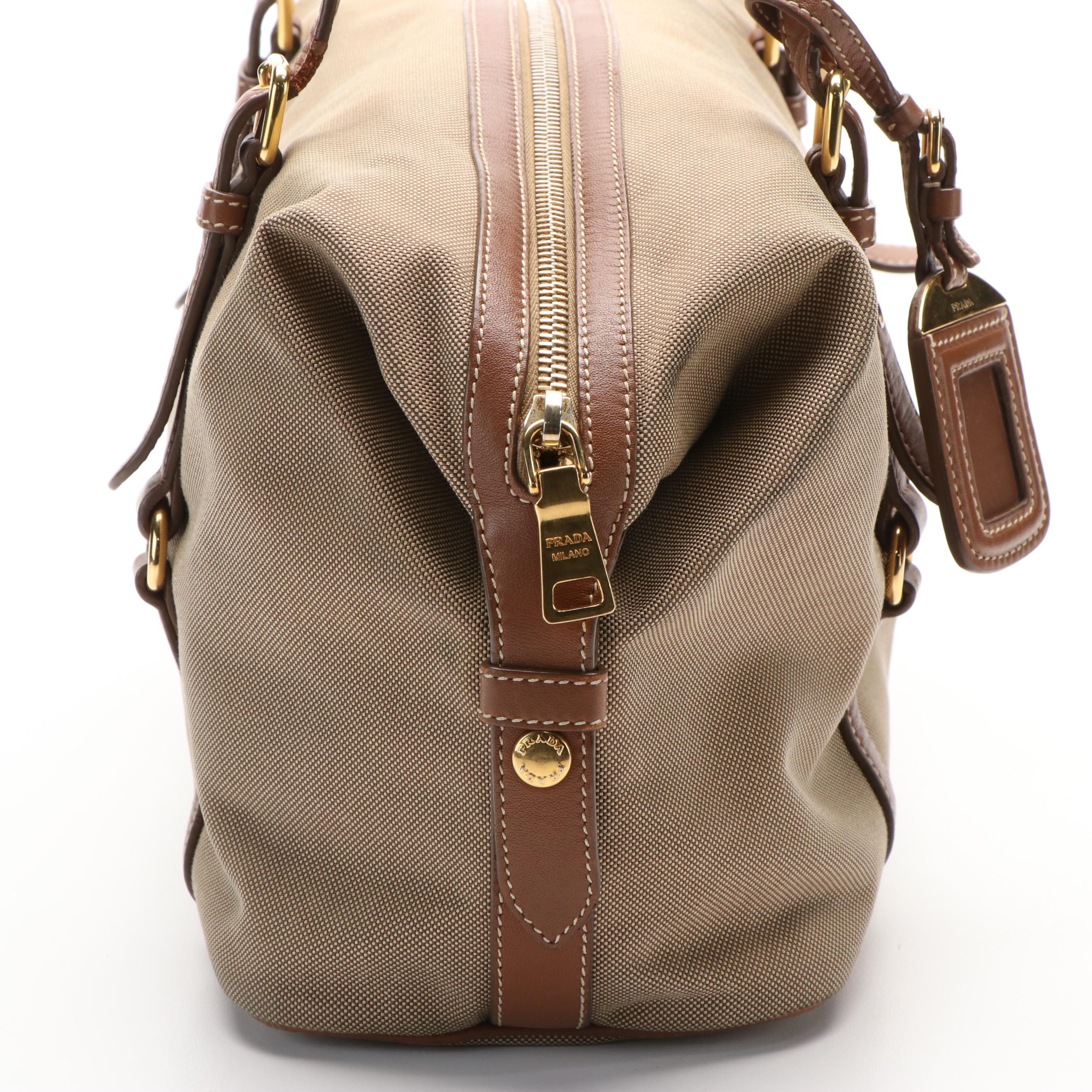 Prada Logo Bauletto Bag in Canvas and Leather