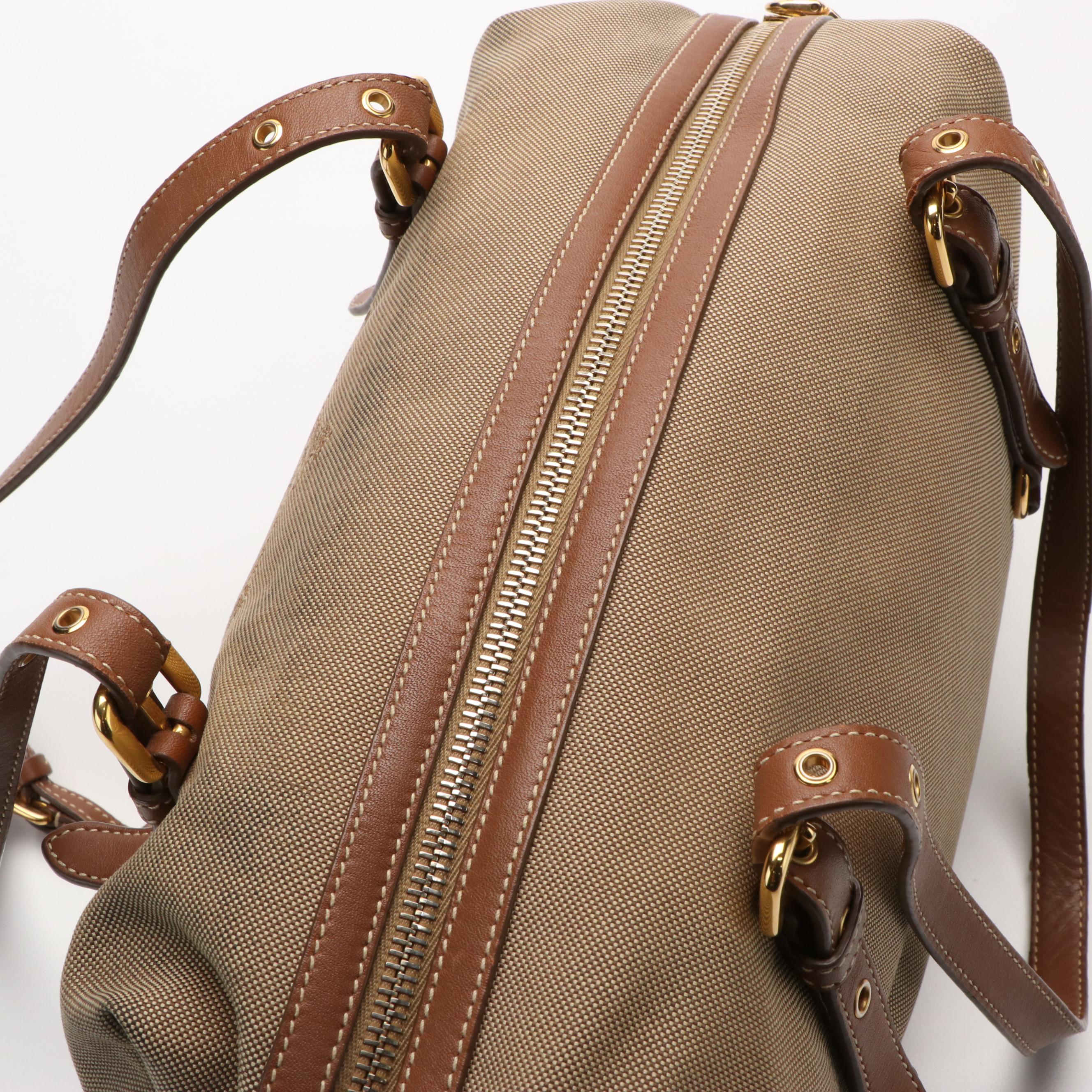 Prada Logo Bauletto Bag in Canvas and Leather