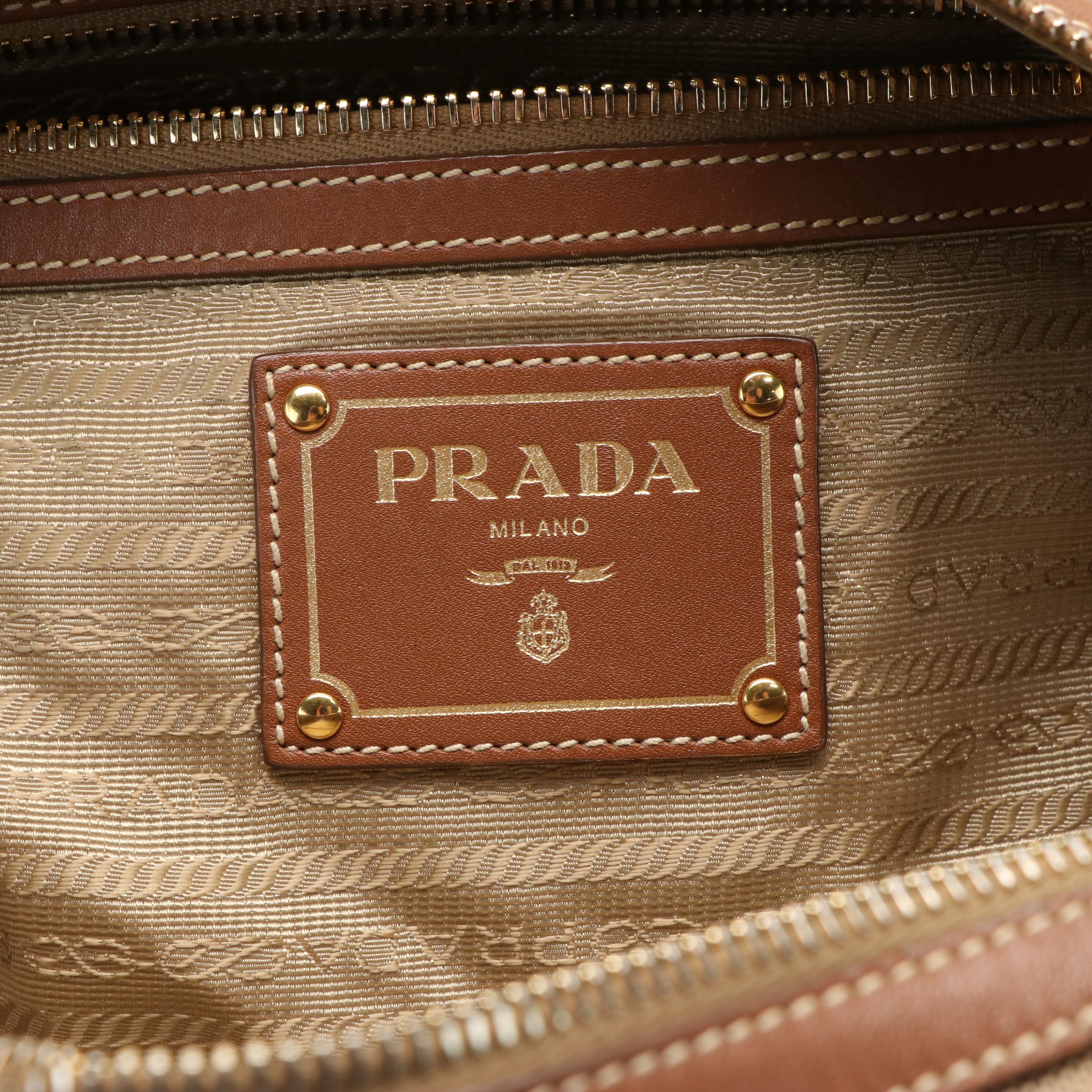 Prada Logo Bauletto Bag in Canvas and Leather
