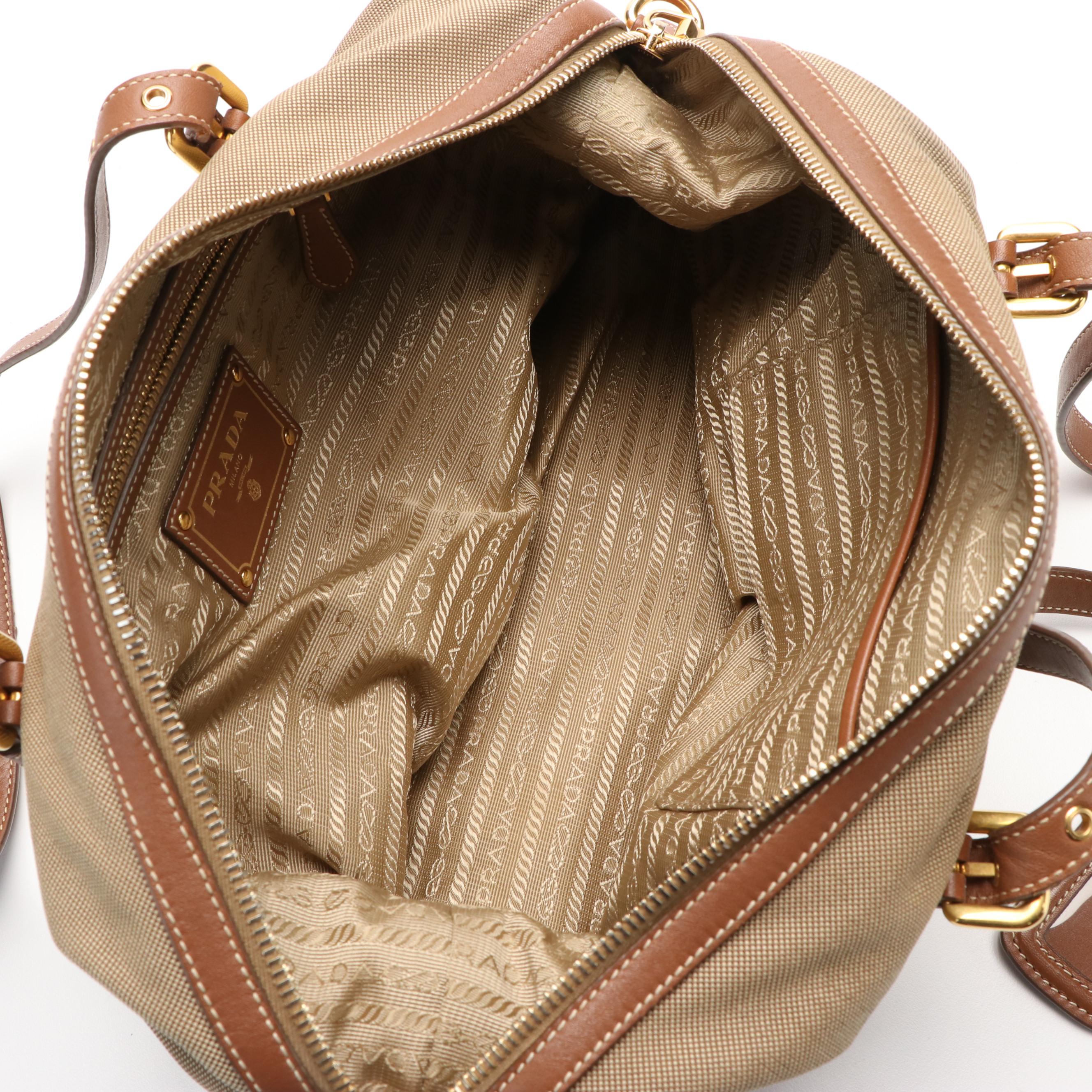 Prada Logo Bauletto Bag in Canvas and Leather