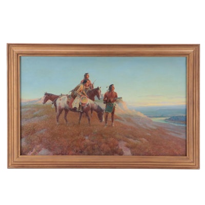 Lone Wolf Oil Painting Western Landscape with Native American Men and Horses
