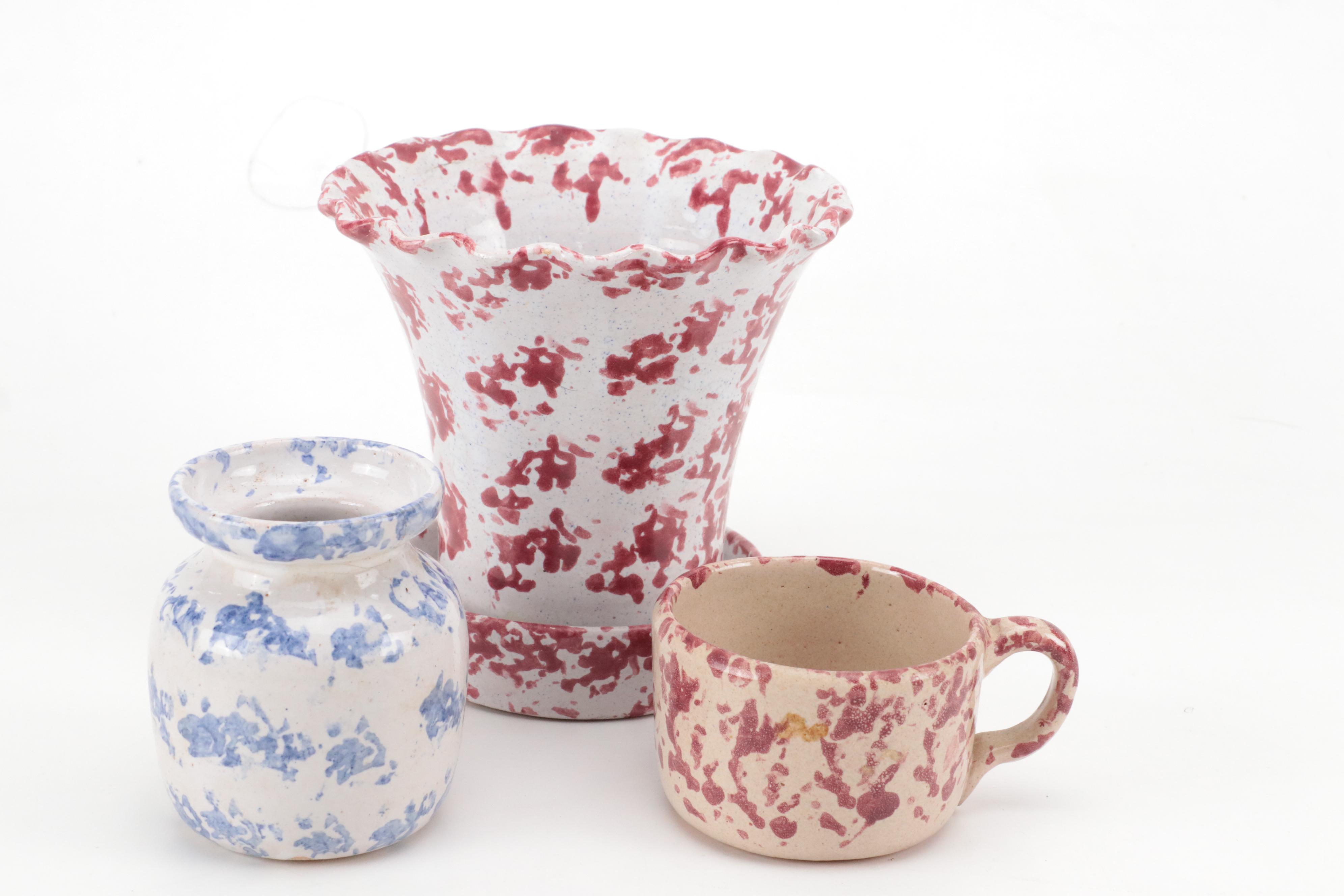 Bybee Pottery Chambersticks, Mug and Spongeware Collection, Mid-Late 20th C.