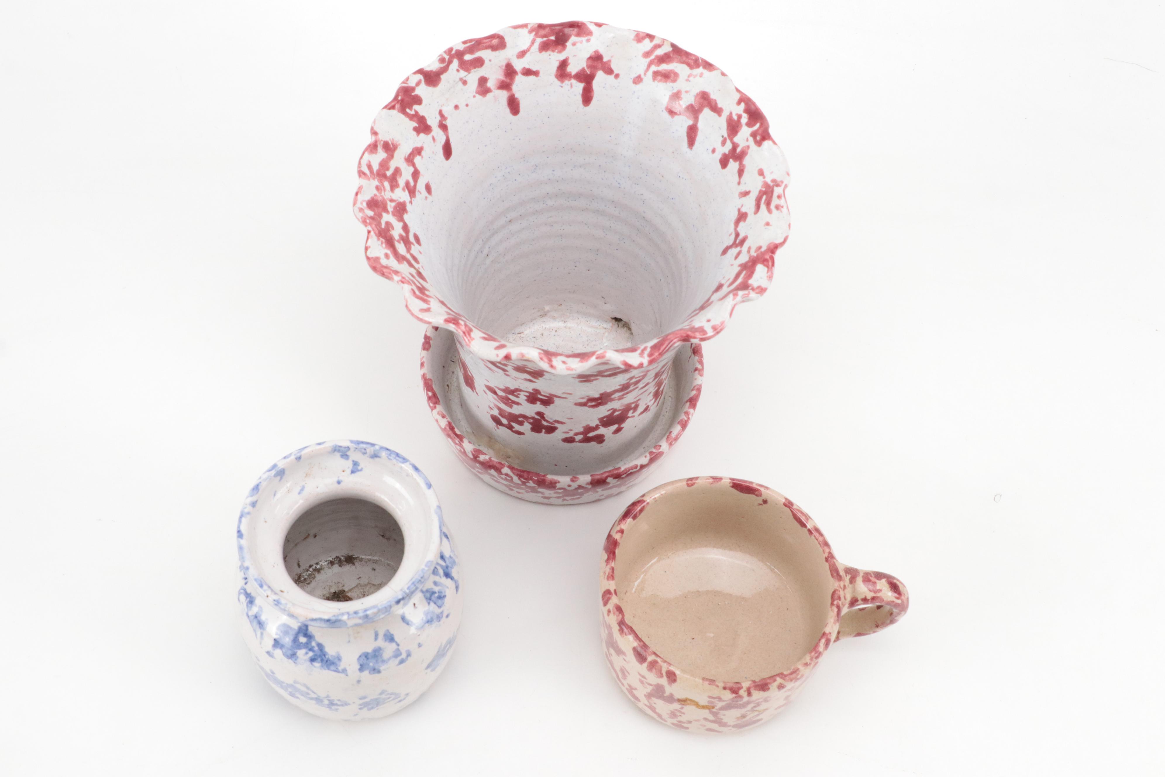 Bybee Pottery Chambersticks, Mug and Spongeware Collection, Mid-Late 20th C.