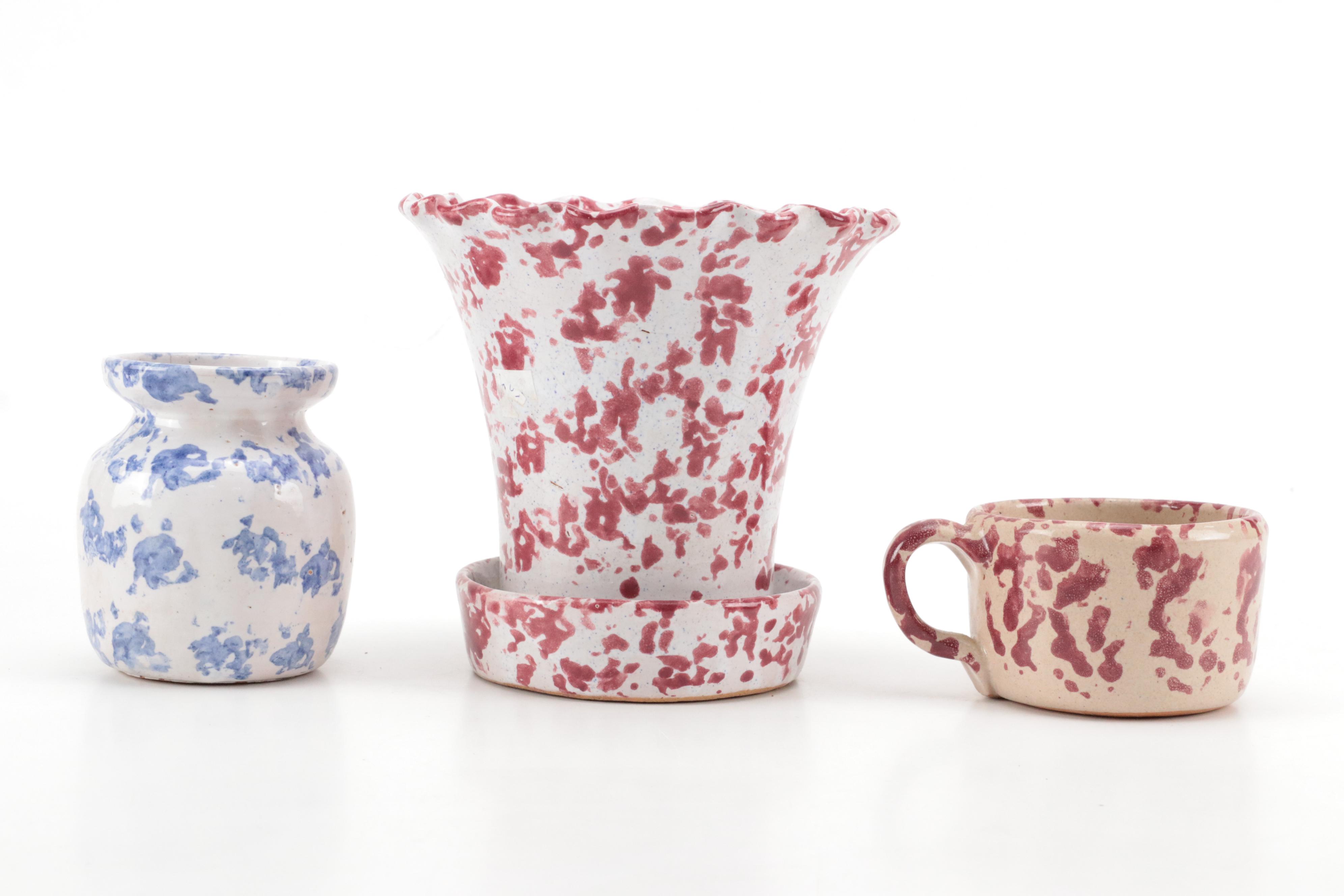 Bybee Pottery Chambersticks, Mug and Spongeware Collection, Mid-Late 20th C.