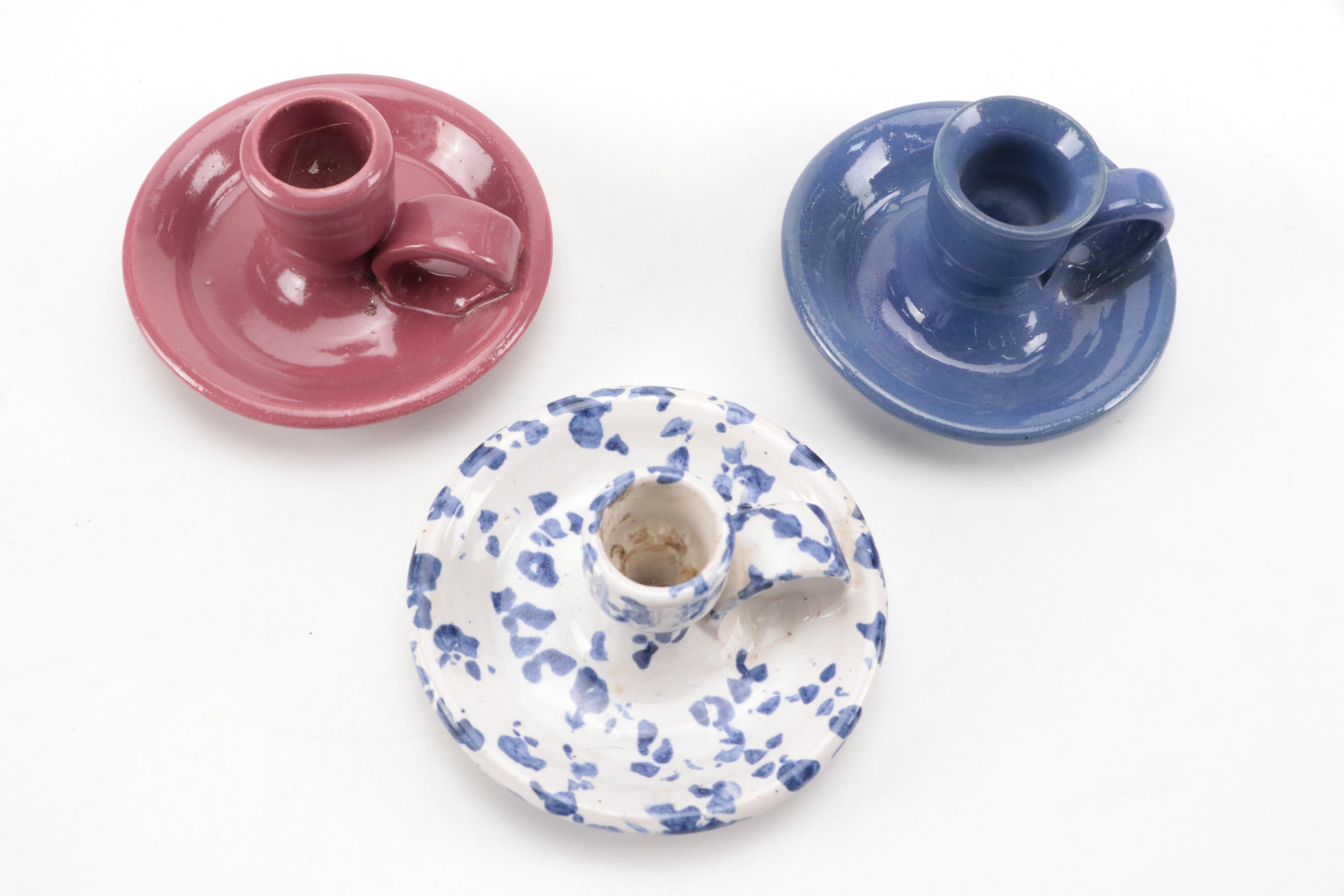 Bybee Pottery Chambersticks, Mug and Spongeware Collection, Mid-Late 20th C.