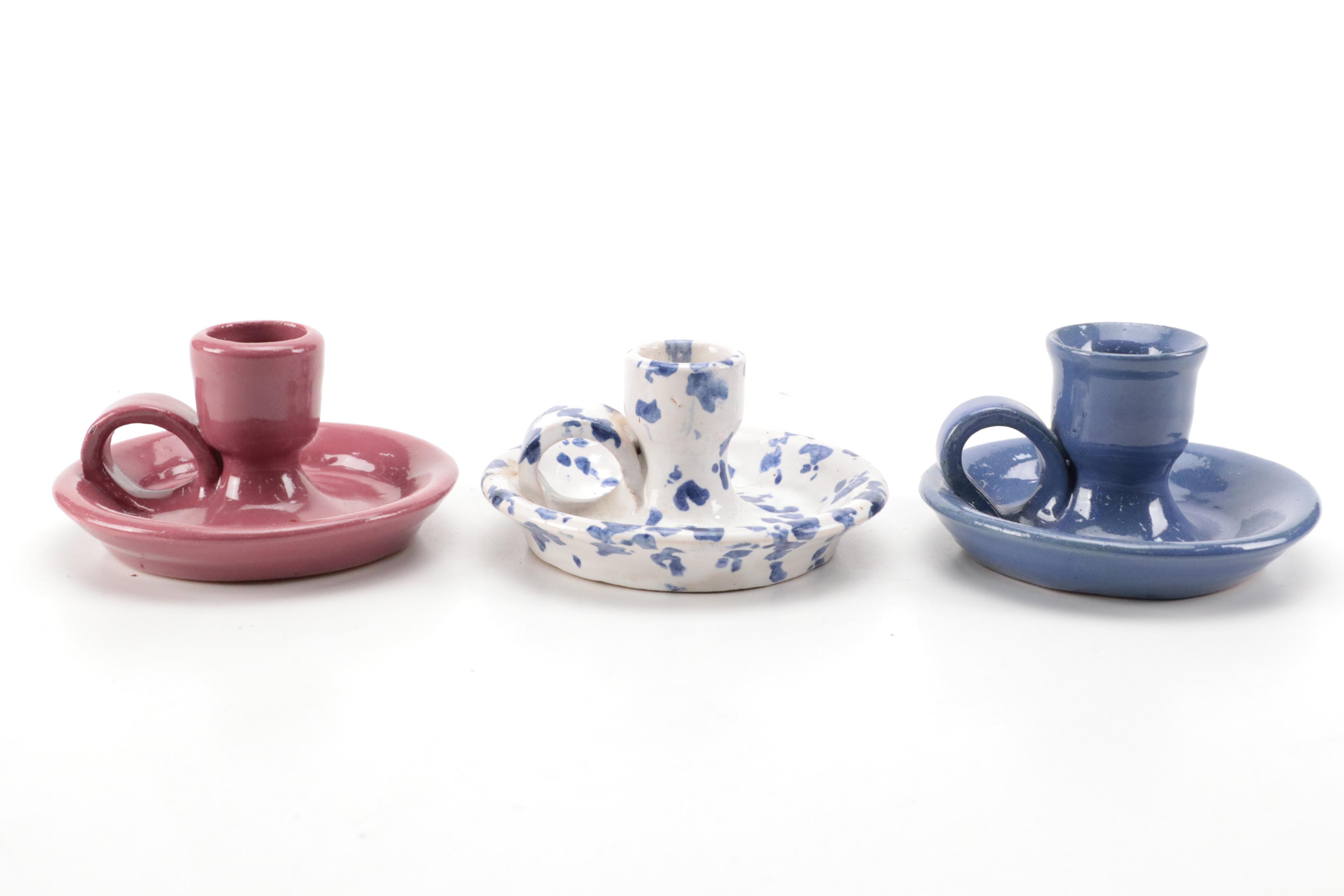 Bybee Pottery Chambersticks, Mug and Spongeware Collection, Mid-Late 20th C.