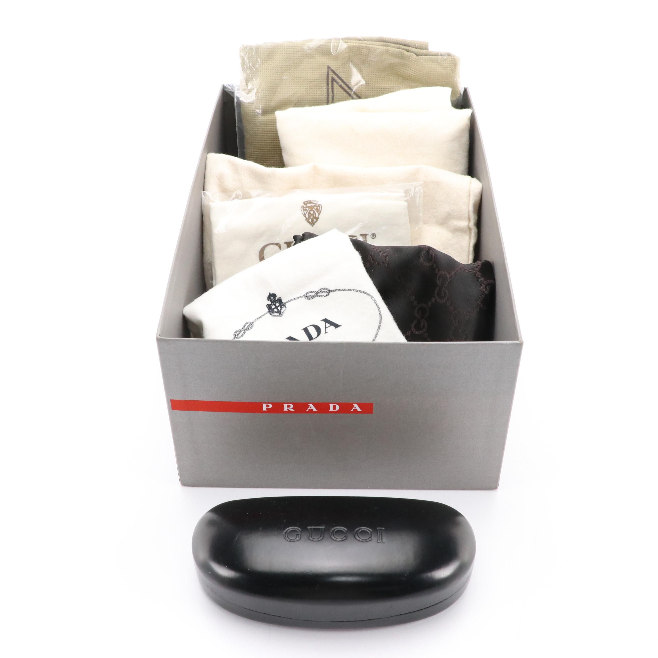 Prada, Gucci, and Fendi Dust Bags with Gucci Eyeglass Case