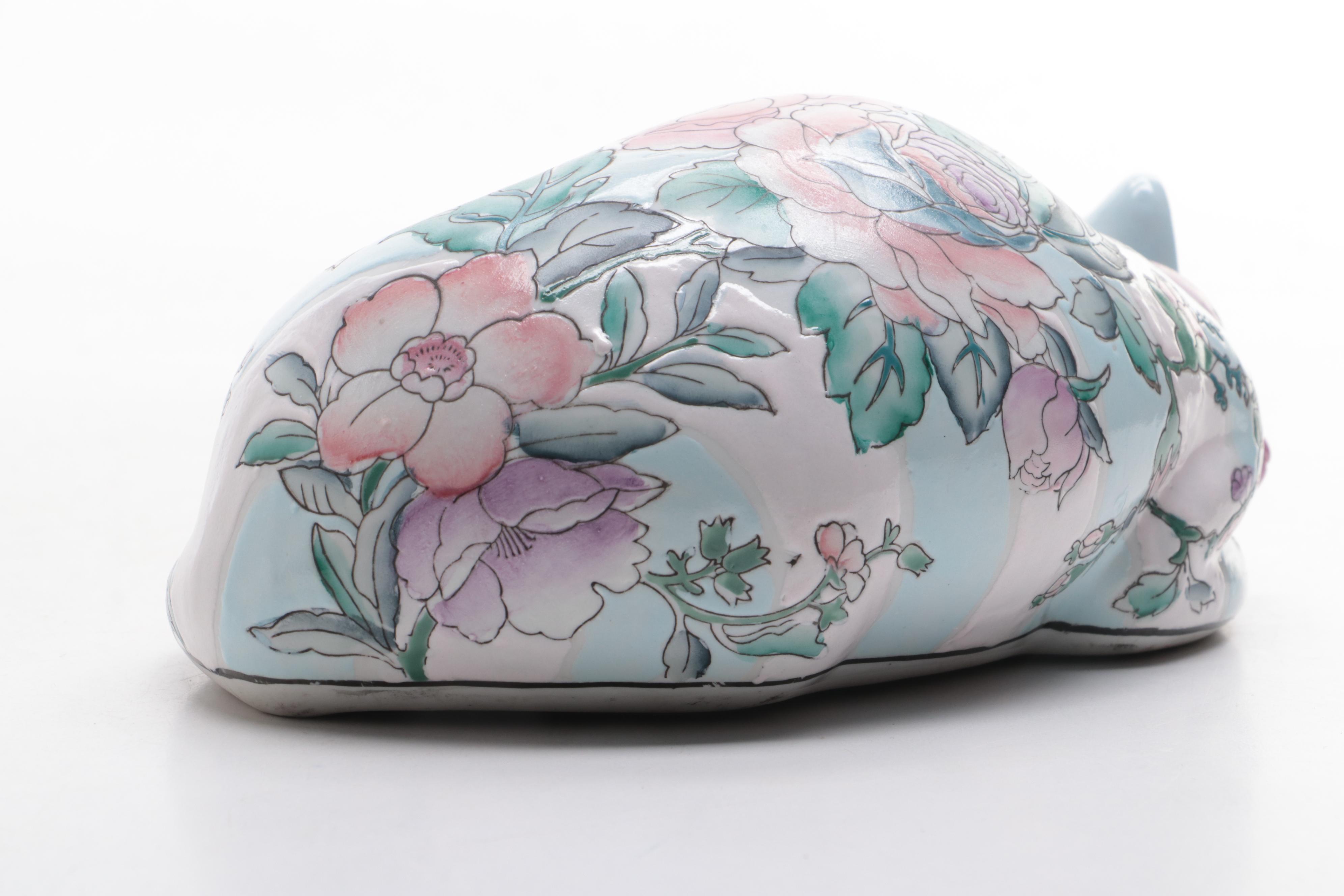 Chinese Pink Blossom Hand-Painted Porcelain Cat