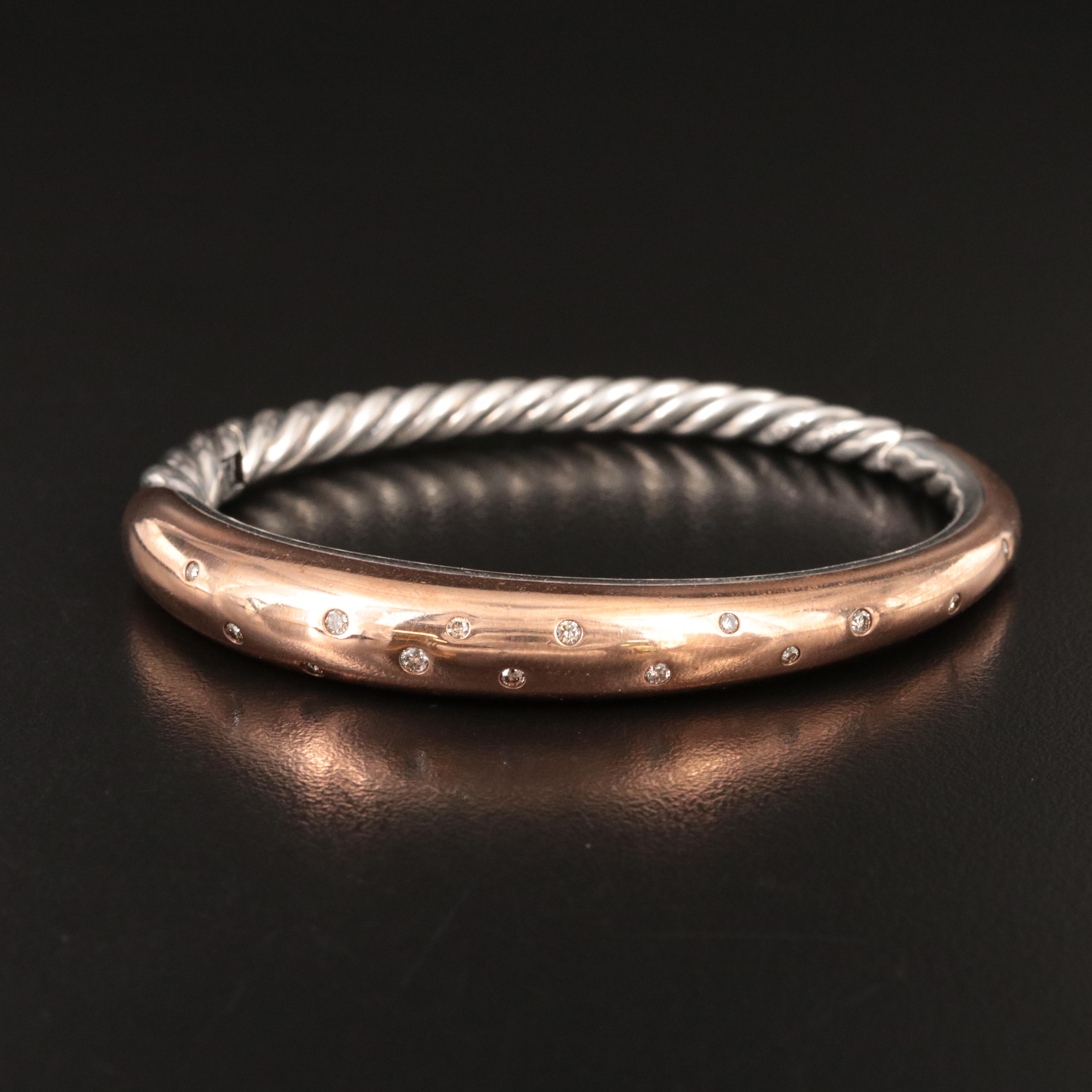 David Yurman Pure Form Sterling, Bronze and 0.38 CTW Diamond Hinged Bracelet