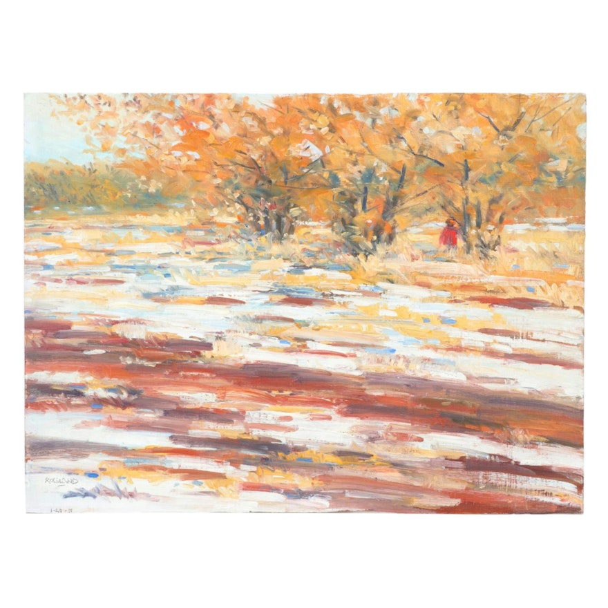 Bob Ragland Landscape Oil Painting Of Field In Winter, 1991