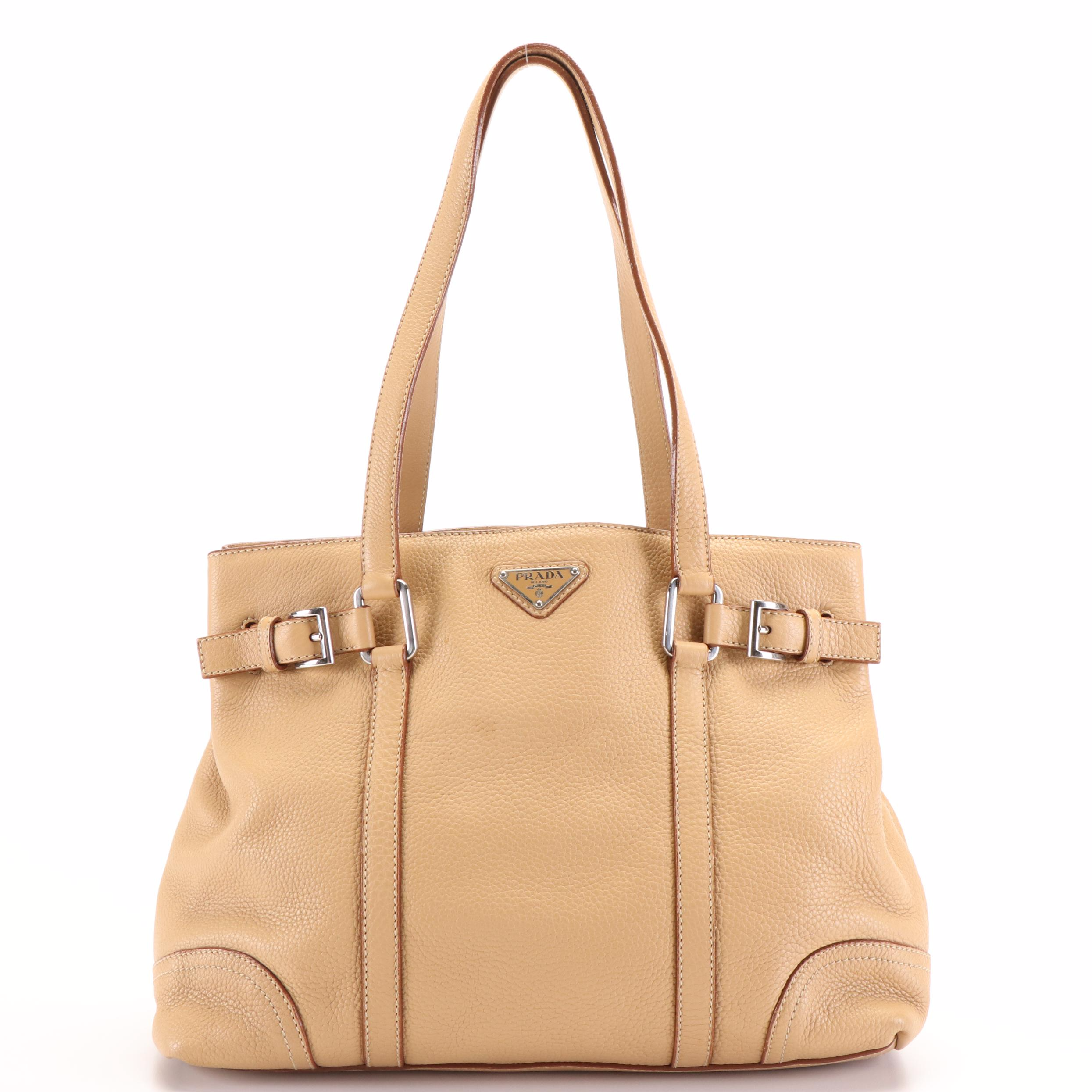 Prada Shopper Tote Bag in Beige Vitello Daino Leather