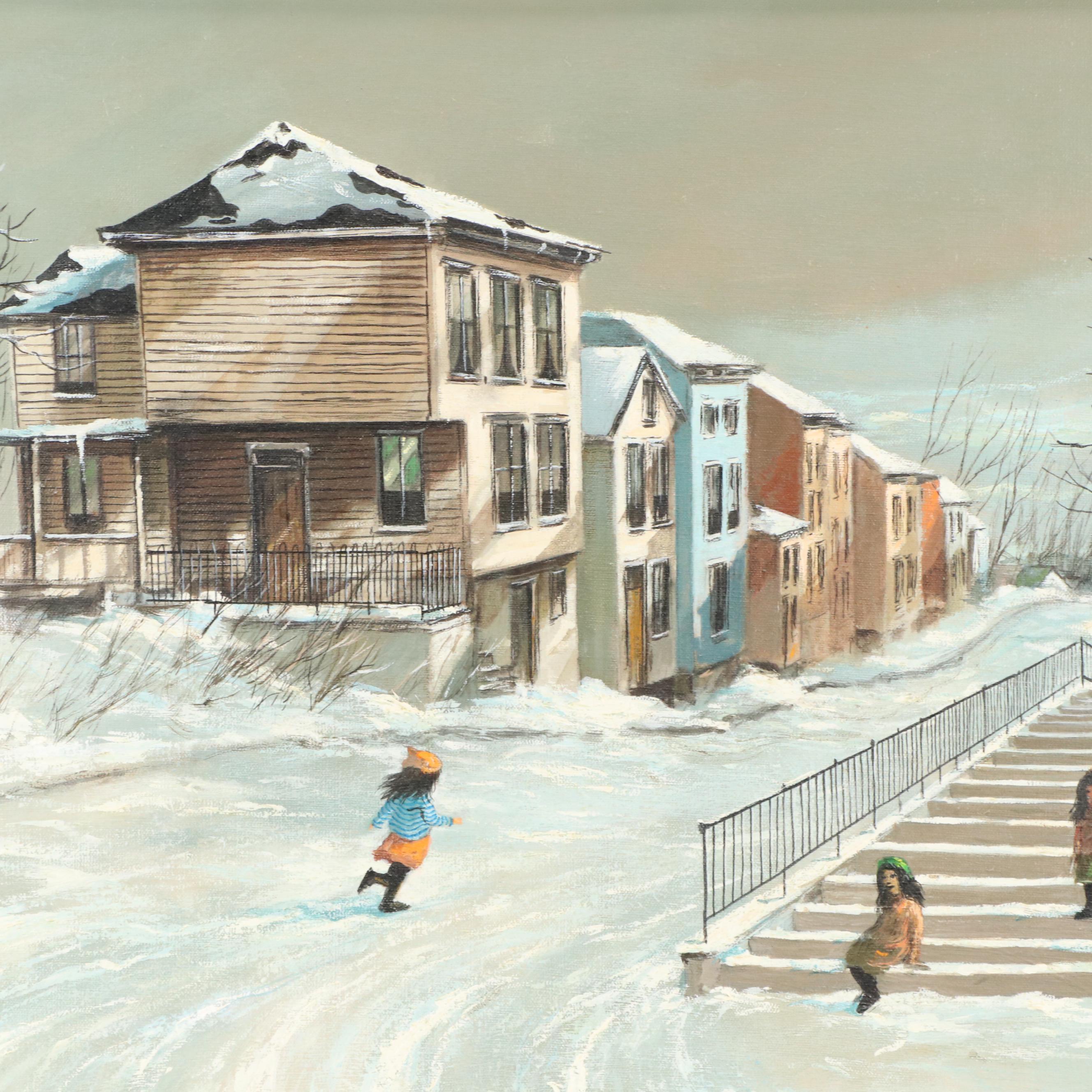 Robert Fabe Winter Residential Landscape Oil Painting, Mid to Late 20th Century