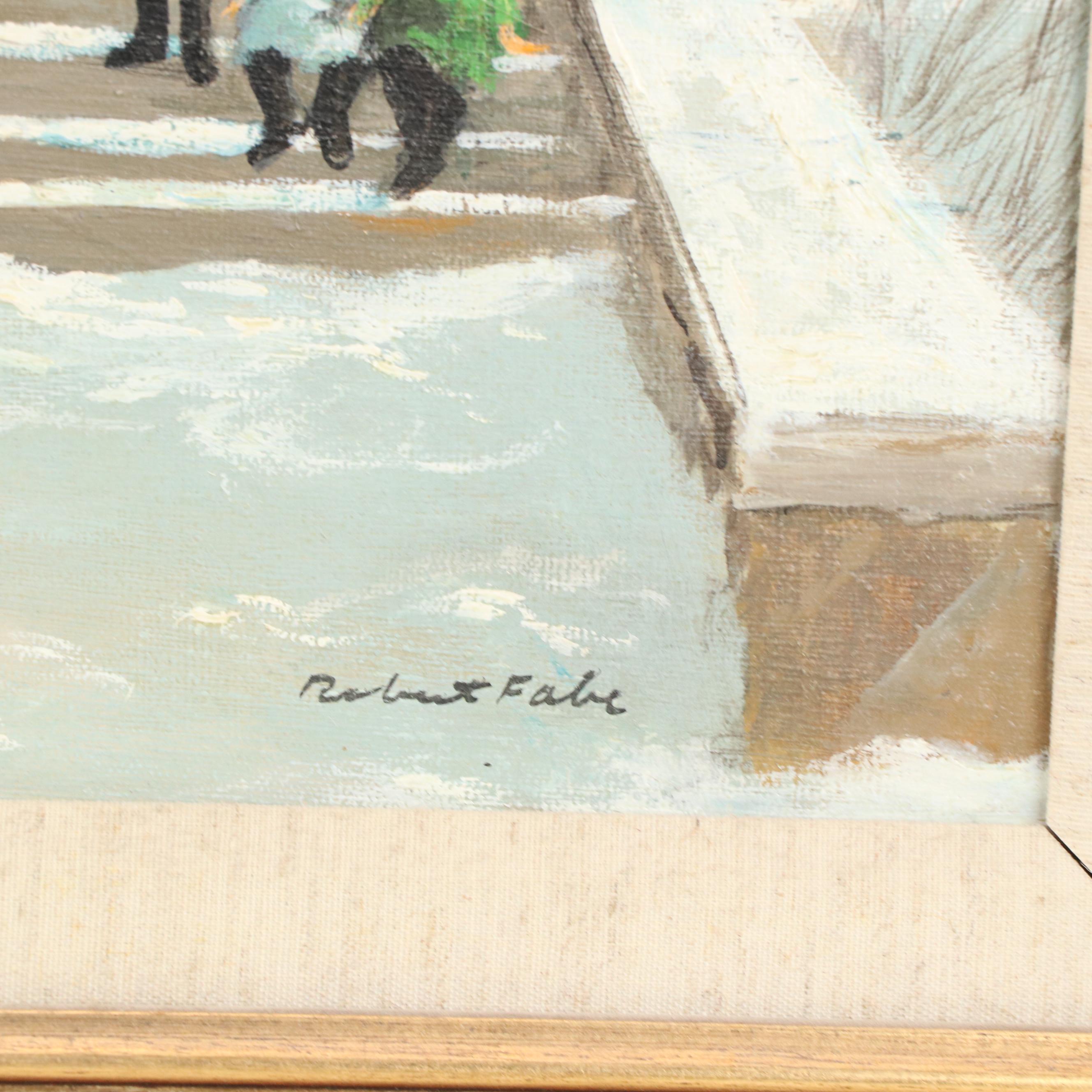 Robert Fabe Winter Residential Landscape Oil Painting, Mid to Late 20th Century