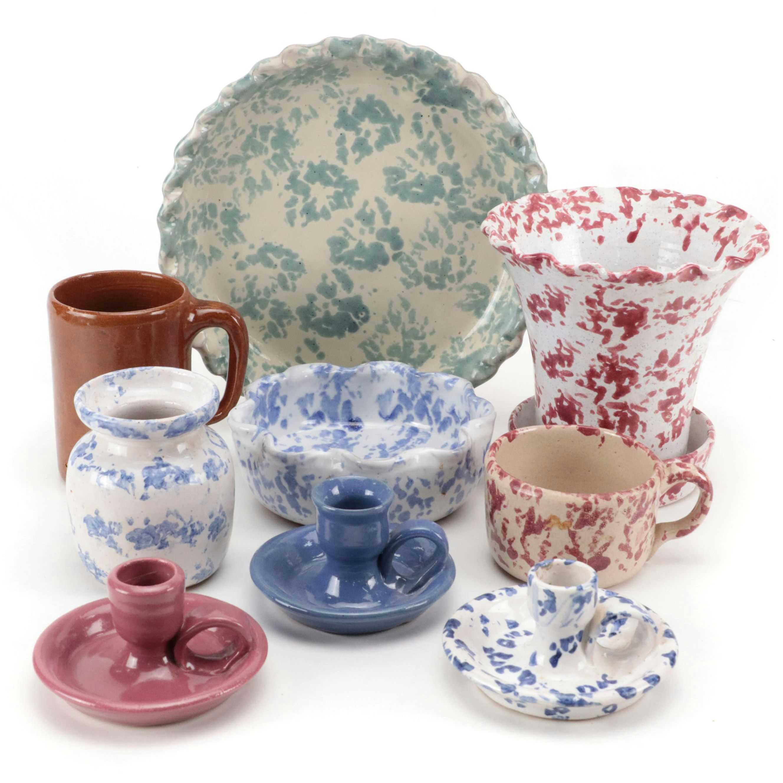 Bybee Pottery Chambersticks, Mug and Spongeware Collection, Mid-Late 20th C.