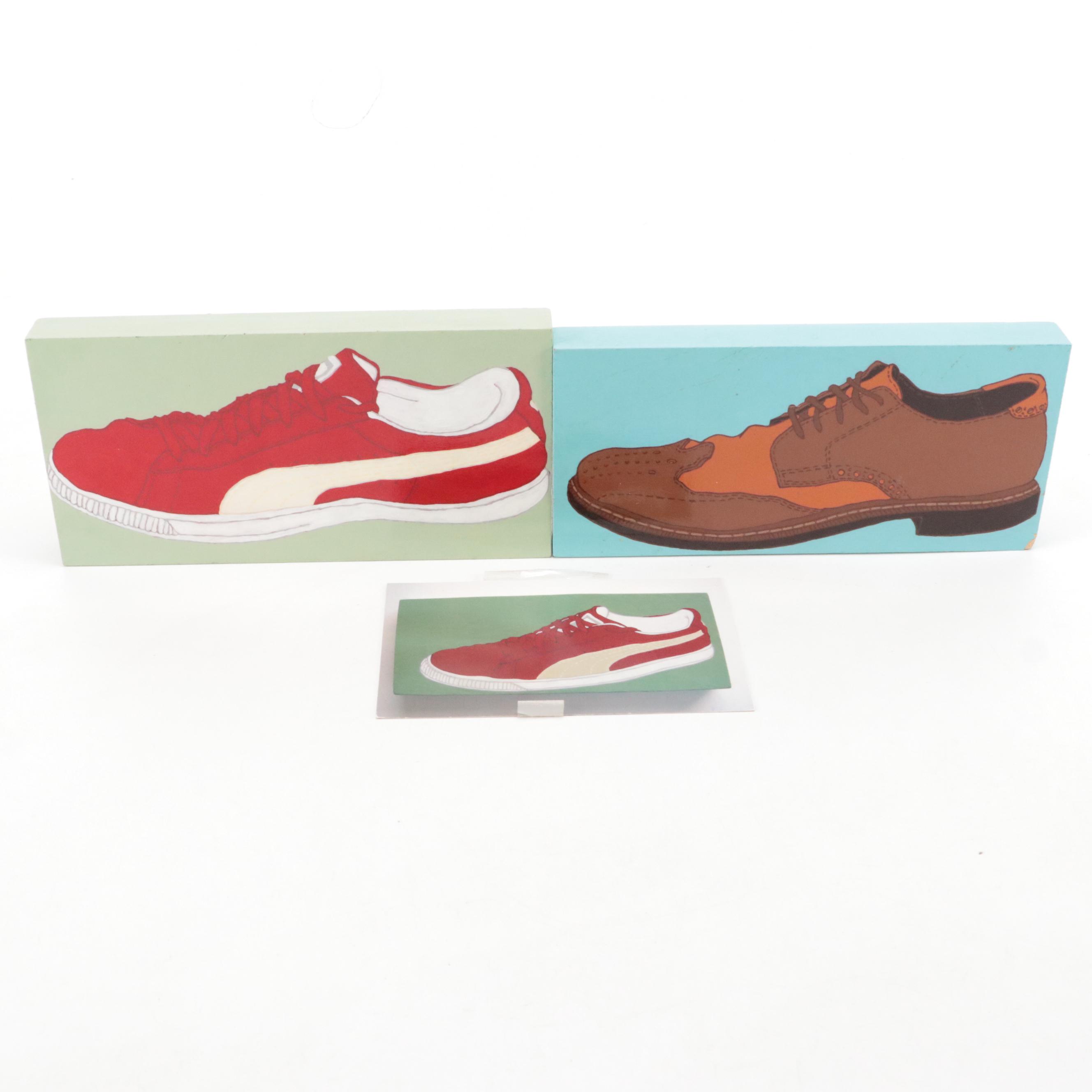 Bradley Day "Red Pumas", "Brown on Brown Aldos (Date Shoes)" Acrylic Paintings