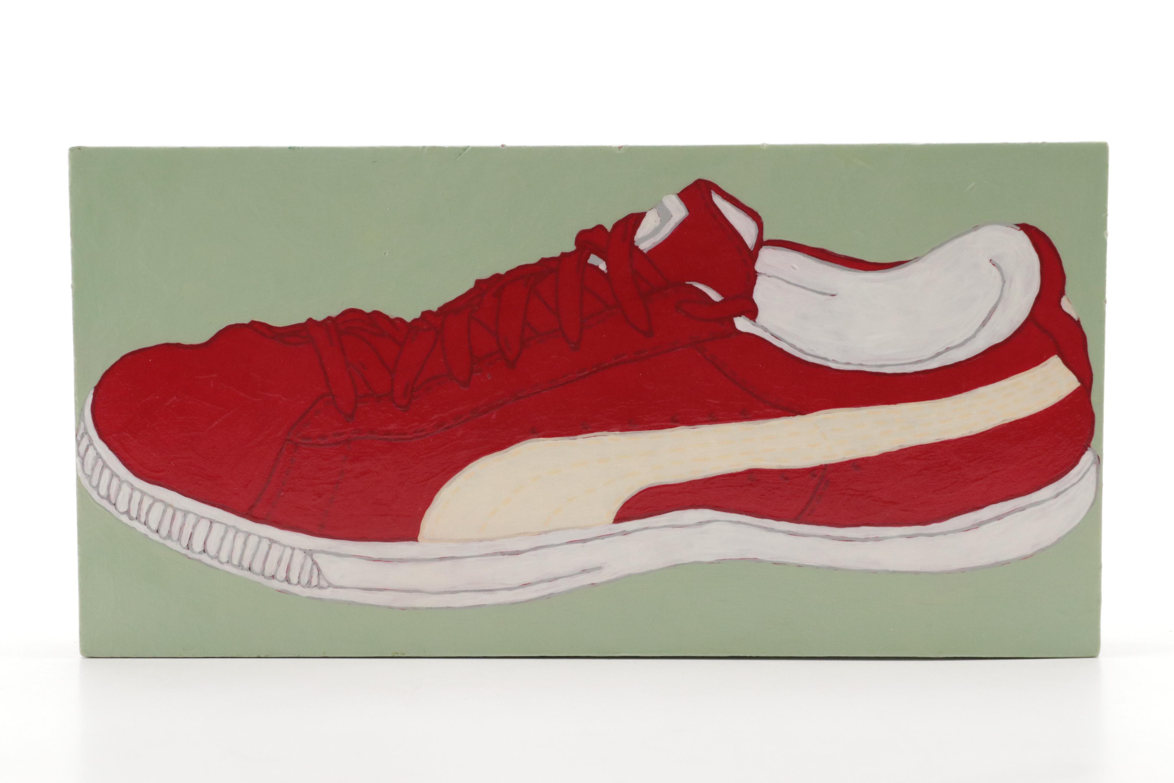 Bradley Day "Red Pumas", "Brown on Brown Aldos (Date Shoes)" Acrylic Paintings