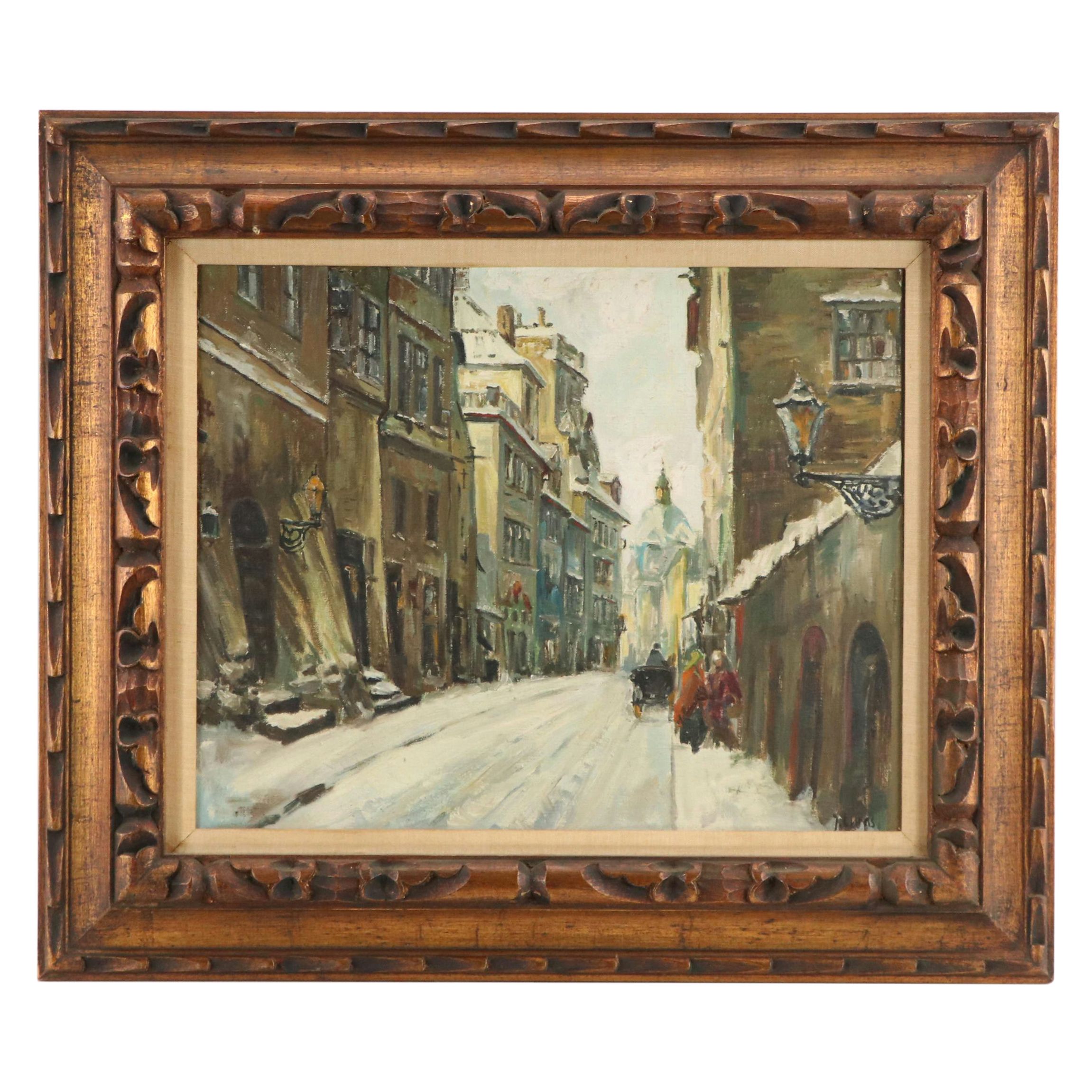 Oil Painting After Wladyslaw T. Chmielinski of Winter Street Scene