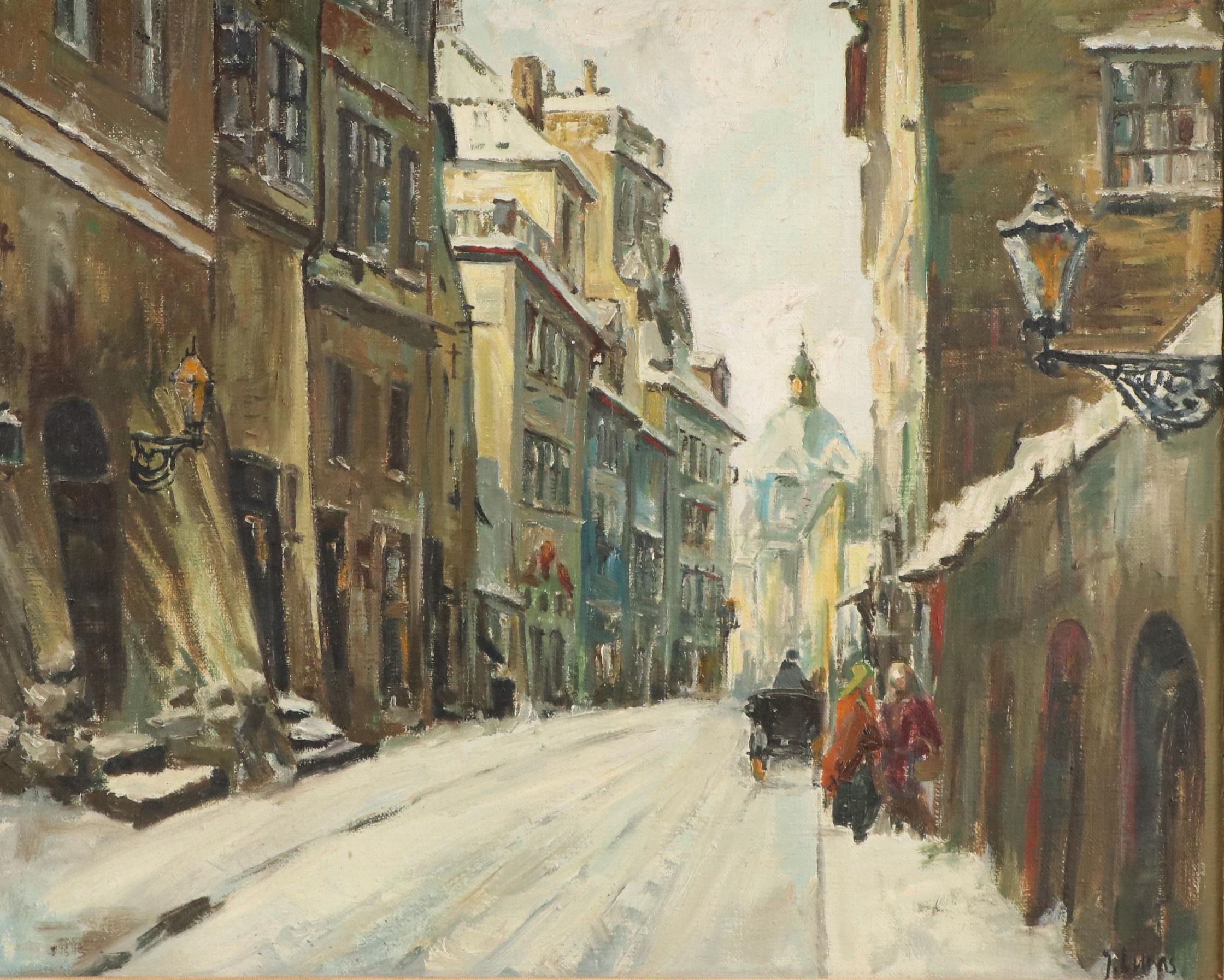 Oil Painting After Wladyslaw T. Chmielinski of Winter Street Scene