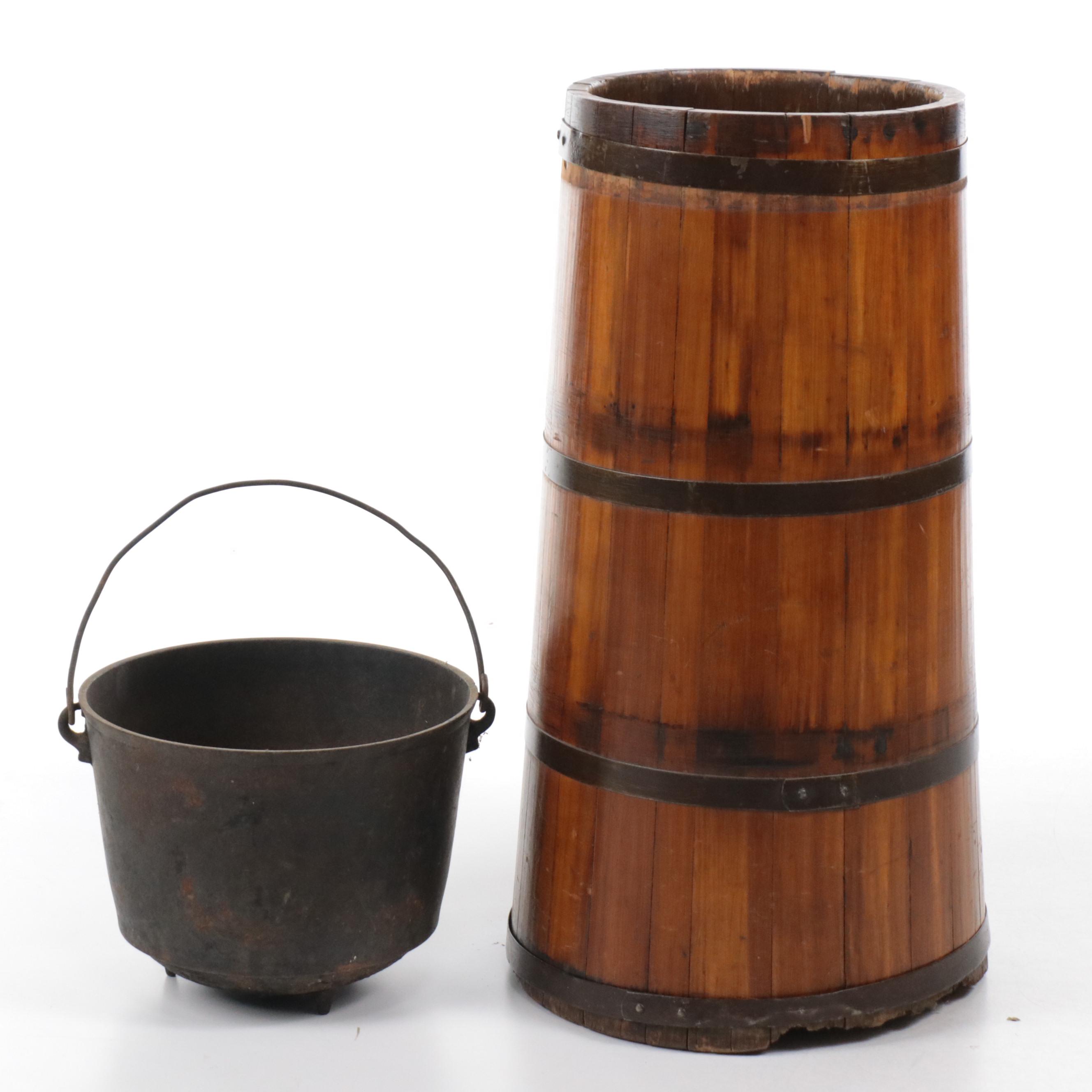 French Style Wooden Butter Churn and Cast Iron Bean Pot