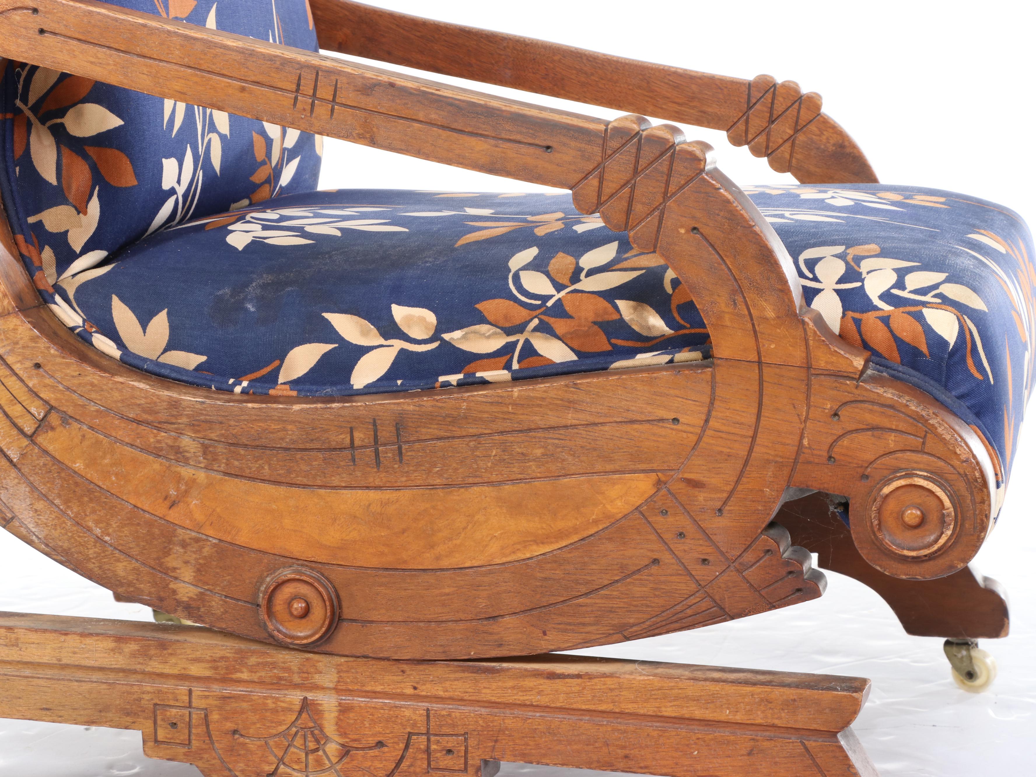 Victorian Walnut, Burl Walnut, and Custom-Upholstered Platform Rocker