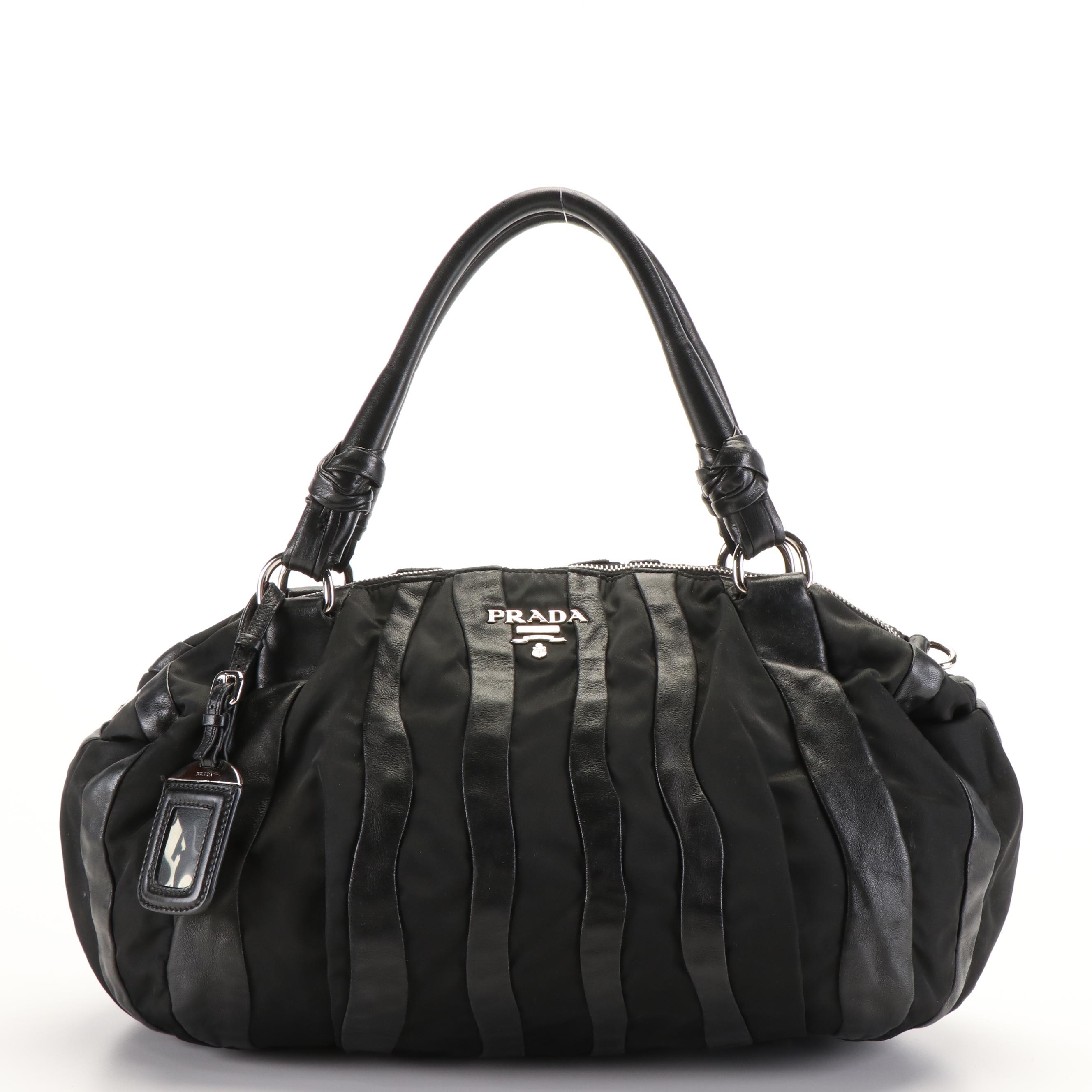 Prada Handbag in Black Tessuto Nylon and Mordore Nappa Leather Stripes