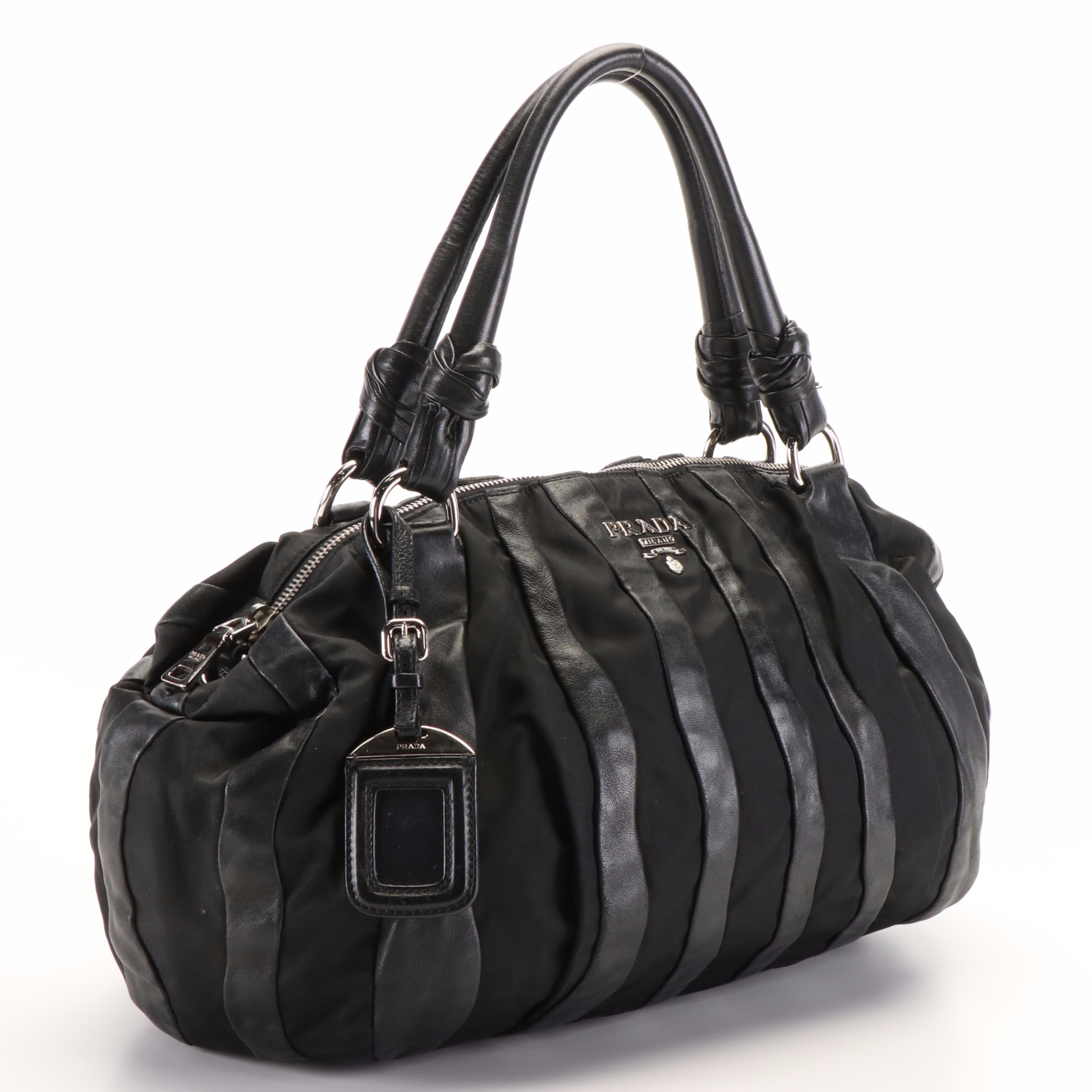 Prada Handbag in Black Tessuto Nylon and Mordore Nappa Leather Stripes