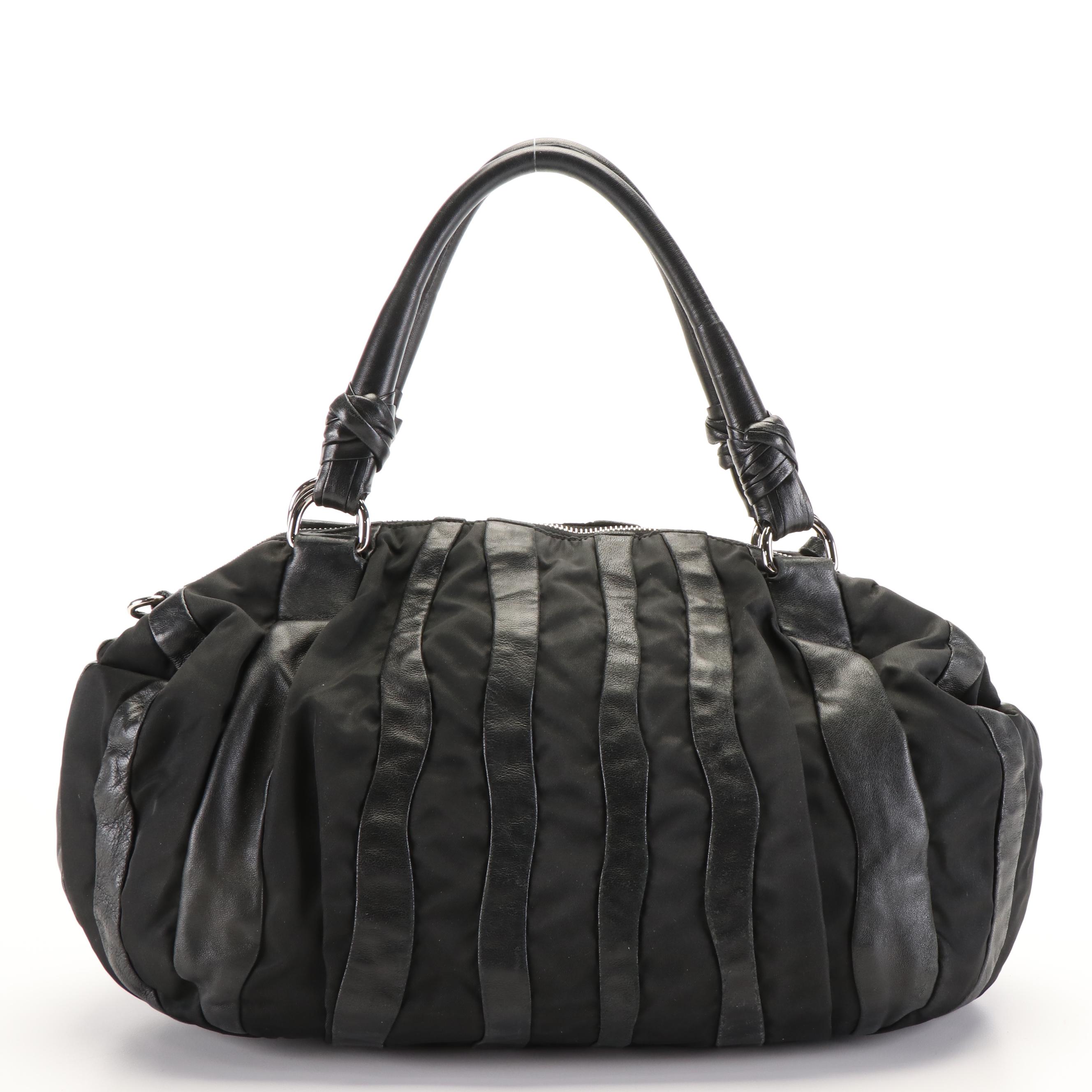 Prada Handbag in Black Tessuto Nylon and Mordore Nappa Leather Stripes