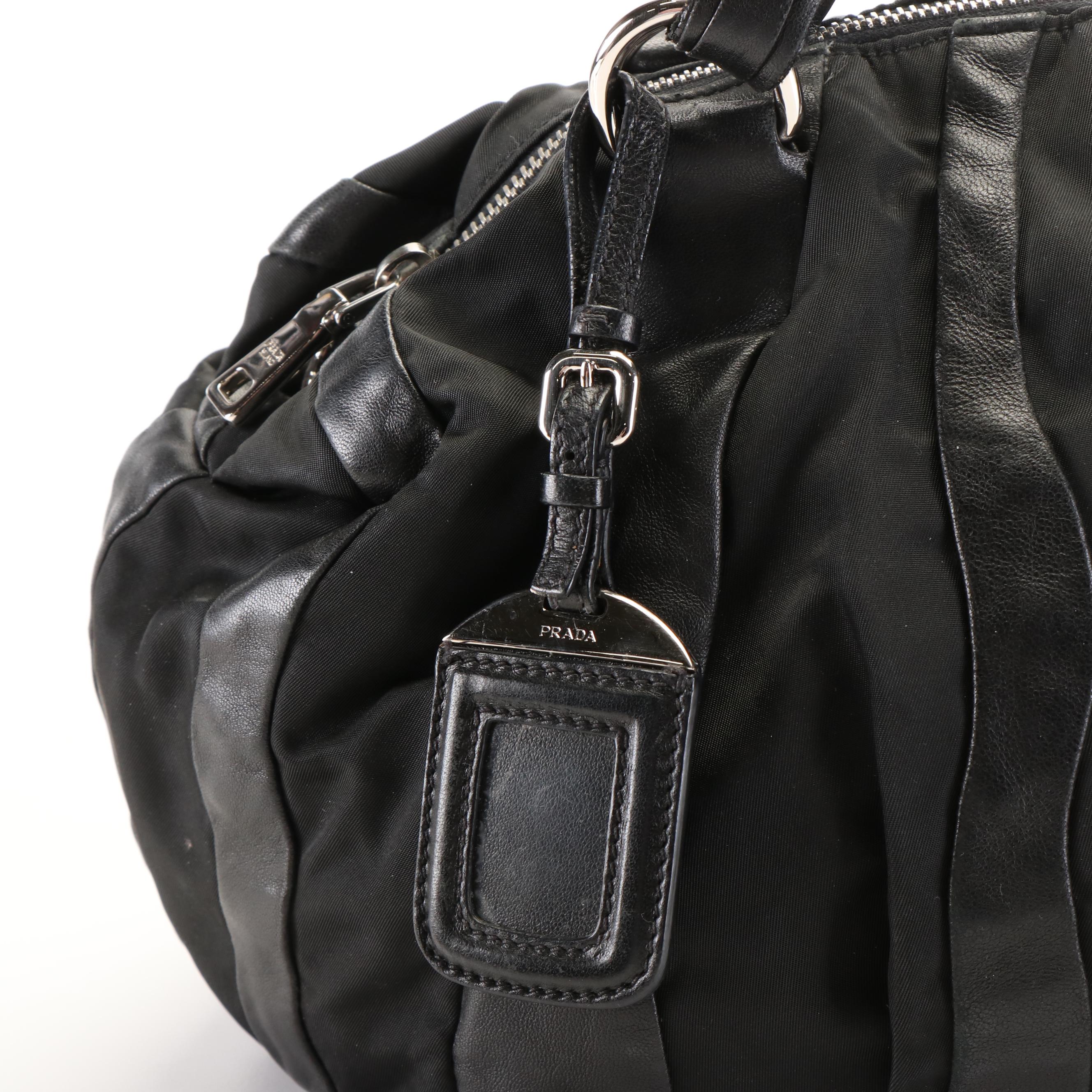 Prada Handbag in Black Tessuto Nylon and Mordore Nappa Leather Stripes