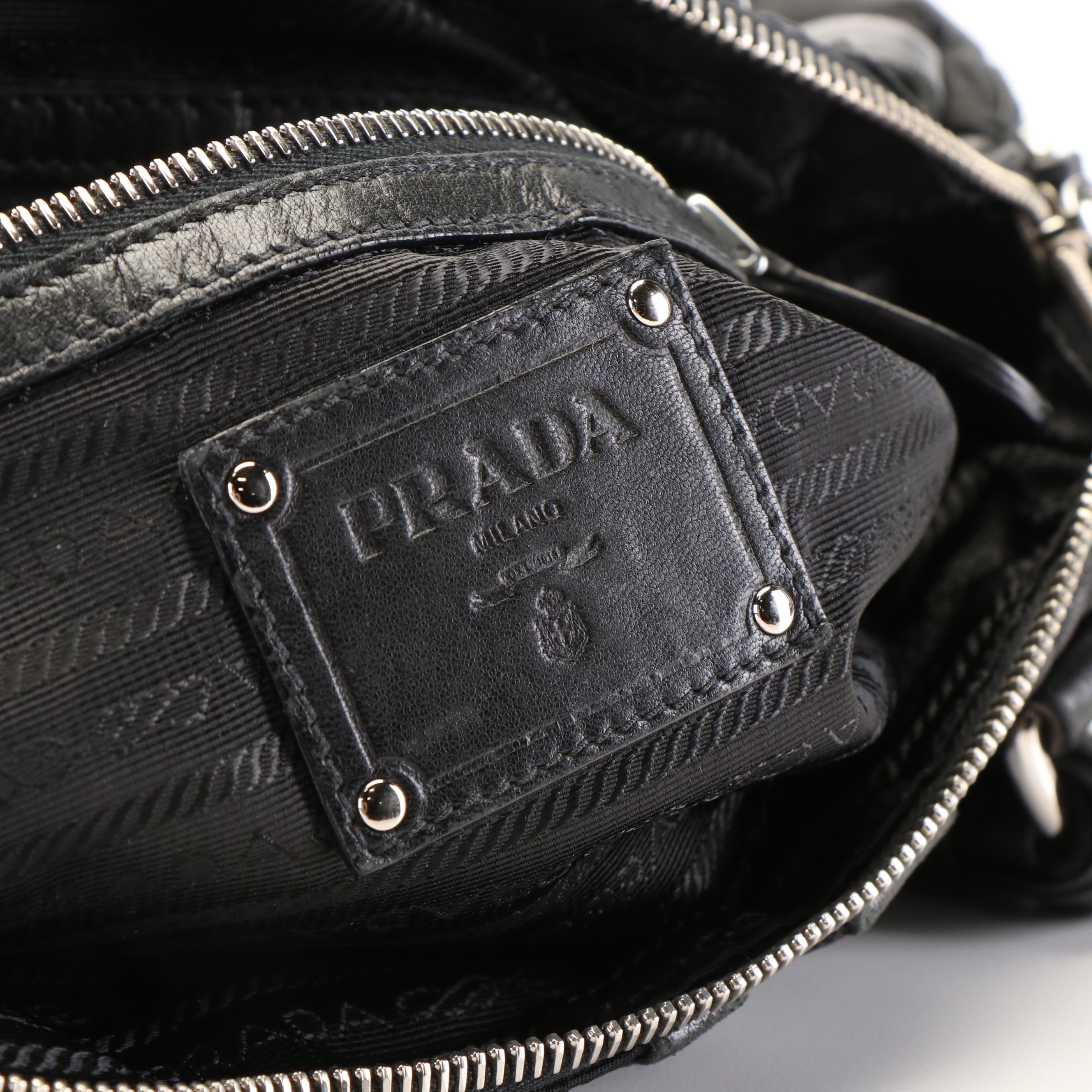 Prada Handbag in Black Tessuto Nylon and Mordore Nappa Leather Stripes