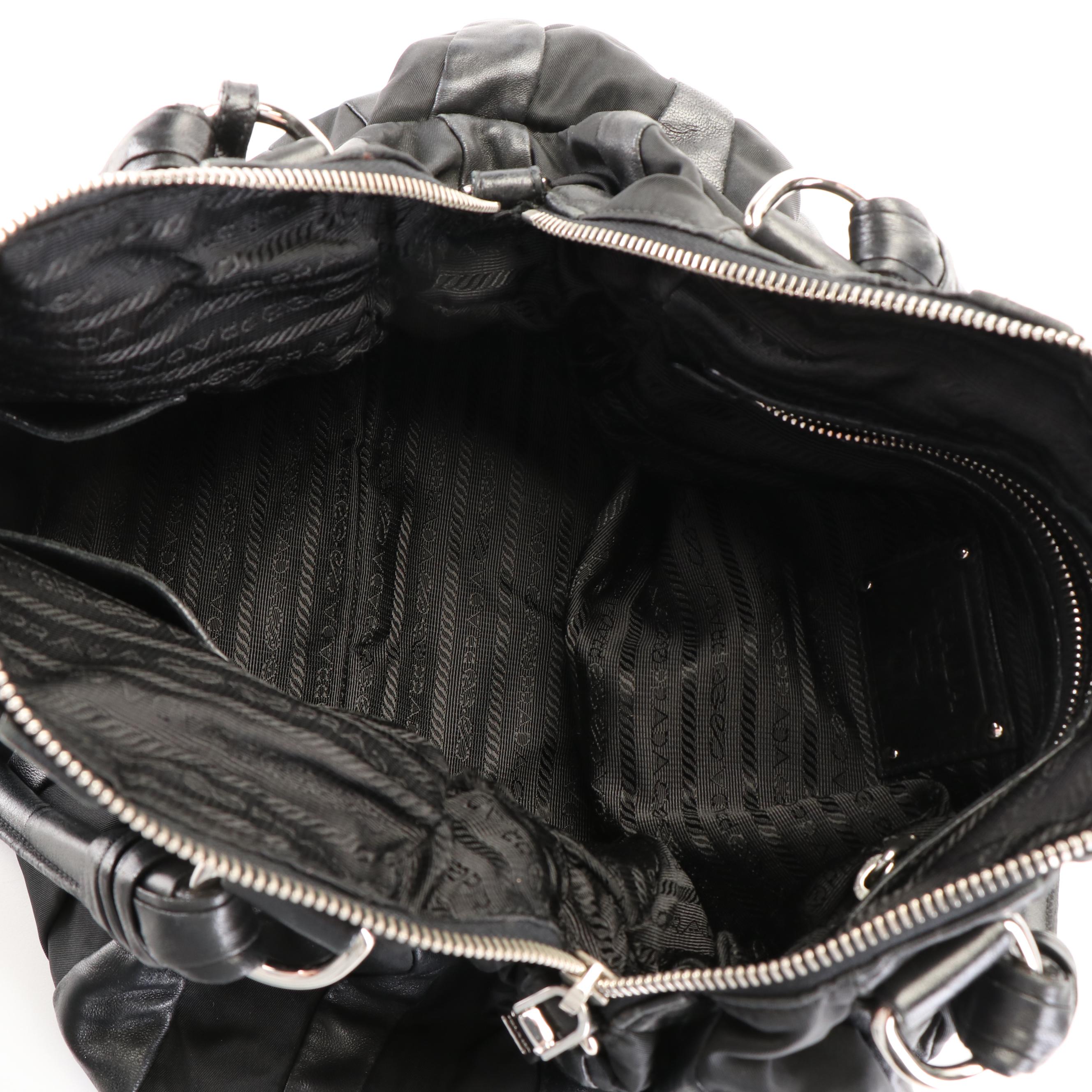 Prada Handbag in Black Tessuto Nylon and Mordore Nappa Leather Stripes