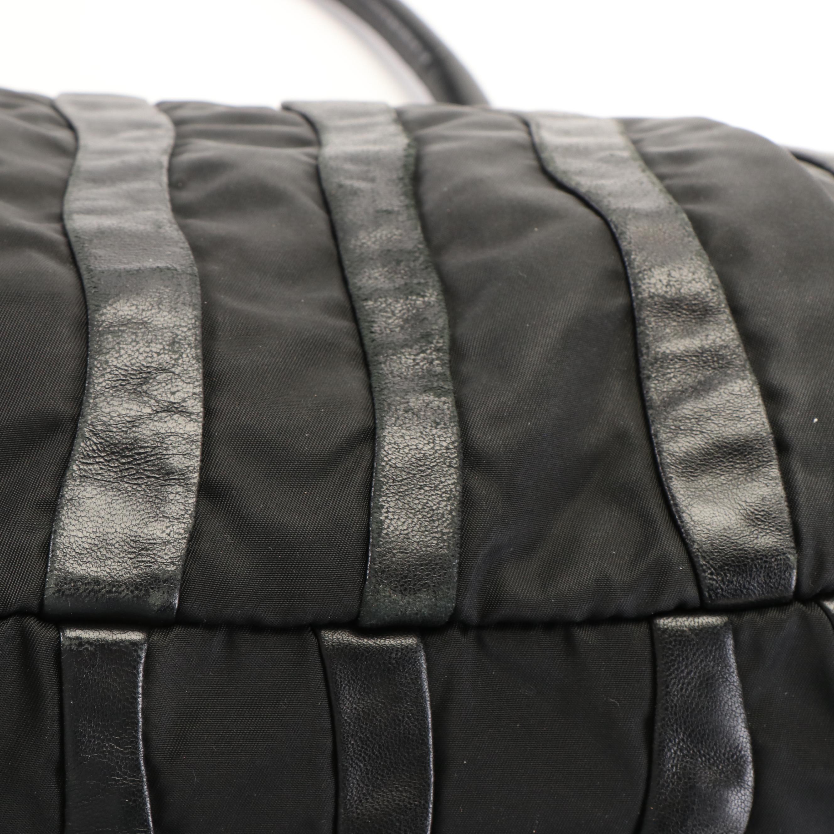 Prada Handbag in Black Tessuto Nylon and Mordore Nappa Leather Stripes