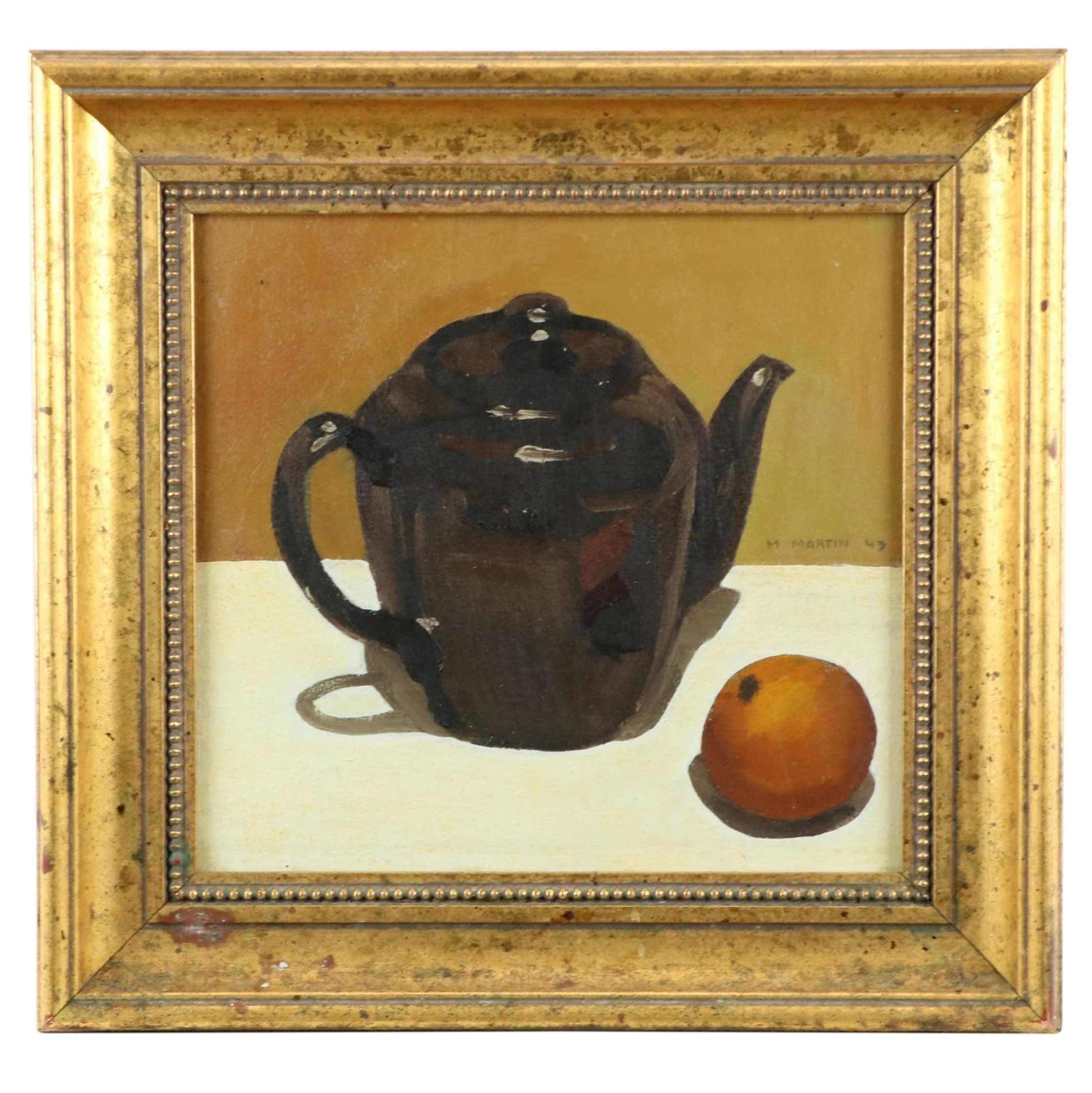 Still Life Oil Painting of a Teapot and an Orange, 1943