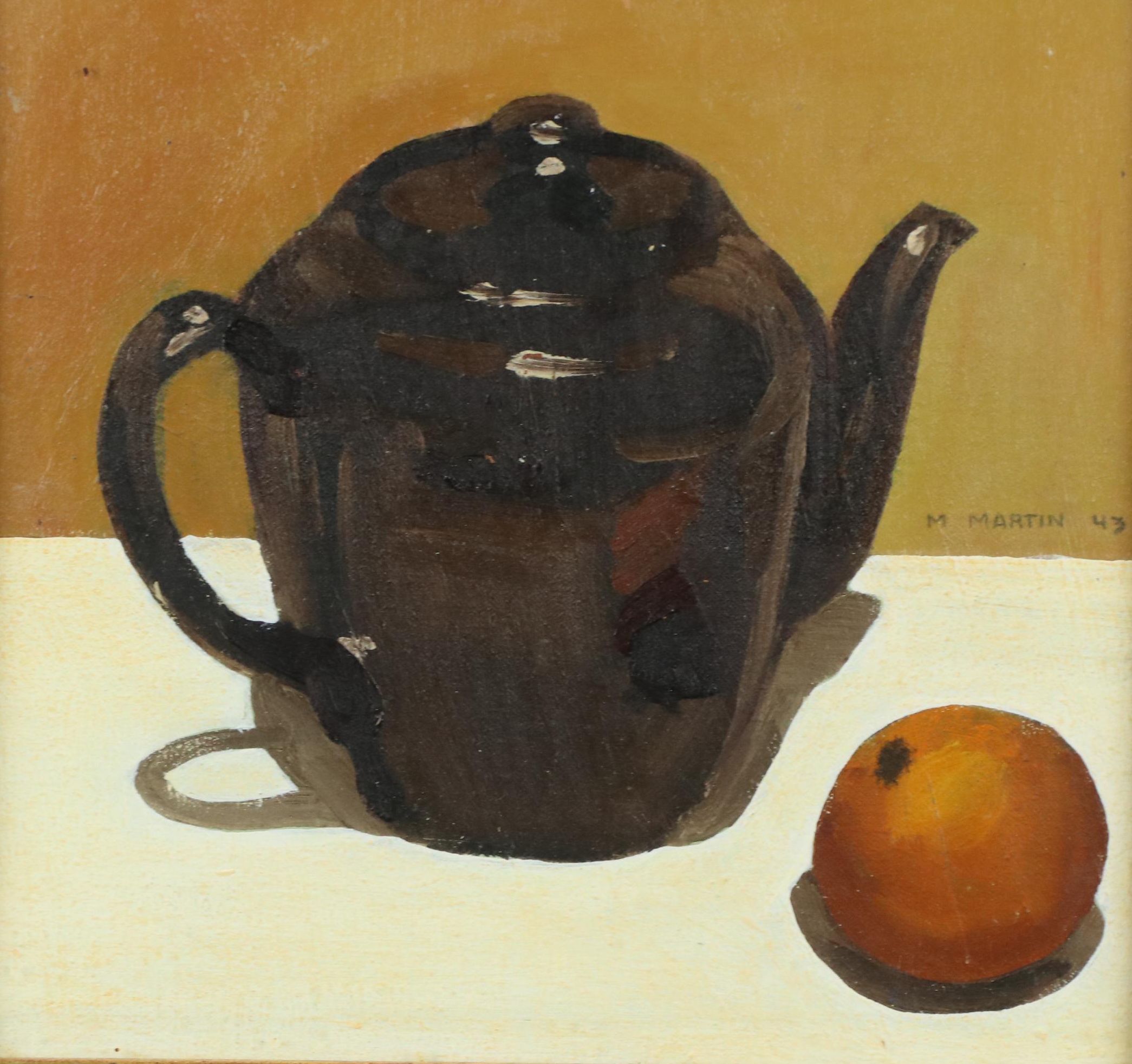 Still Life Oil Painting of a Teapot and an Orange, 1943