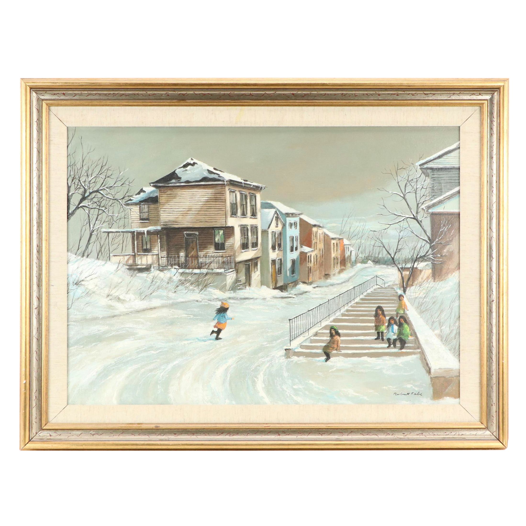 Robert Fabe Winter Residential Landscape Oil Painting, Mid to Late 20th Century
