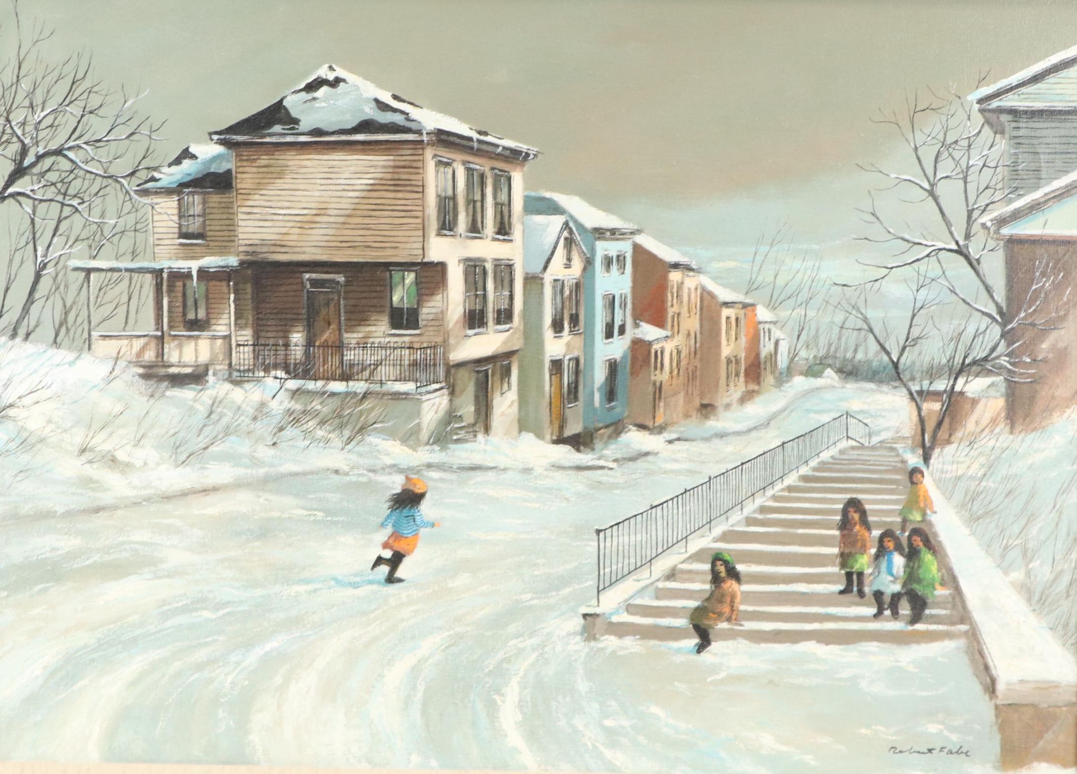 Robert Fabe Winter Residential Landscape Oil Painting, Mid to Late 20th Century
