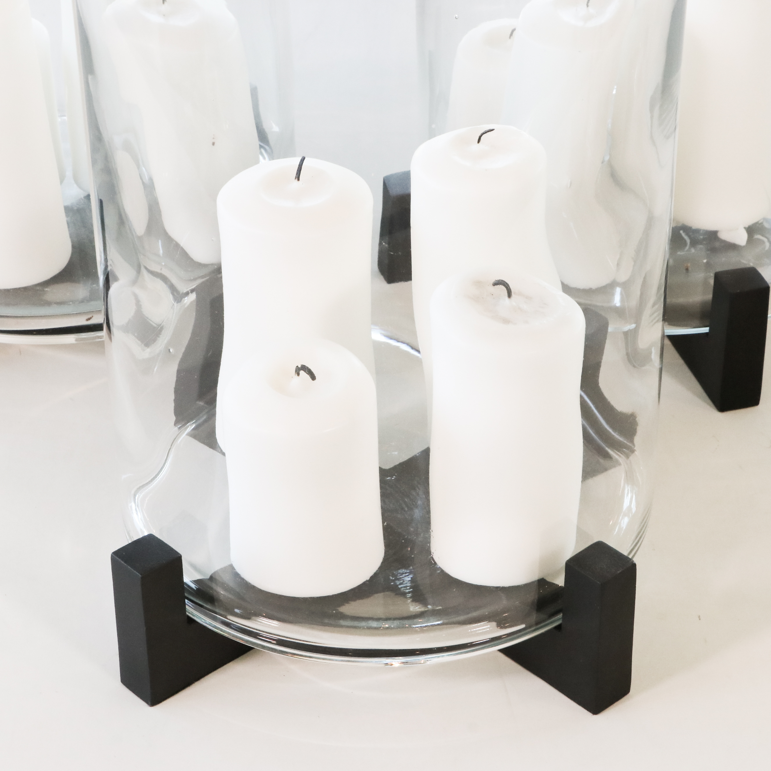 Three Oversized Glass Candle Hurricanes with Stands