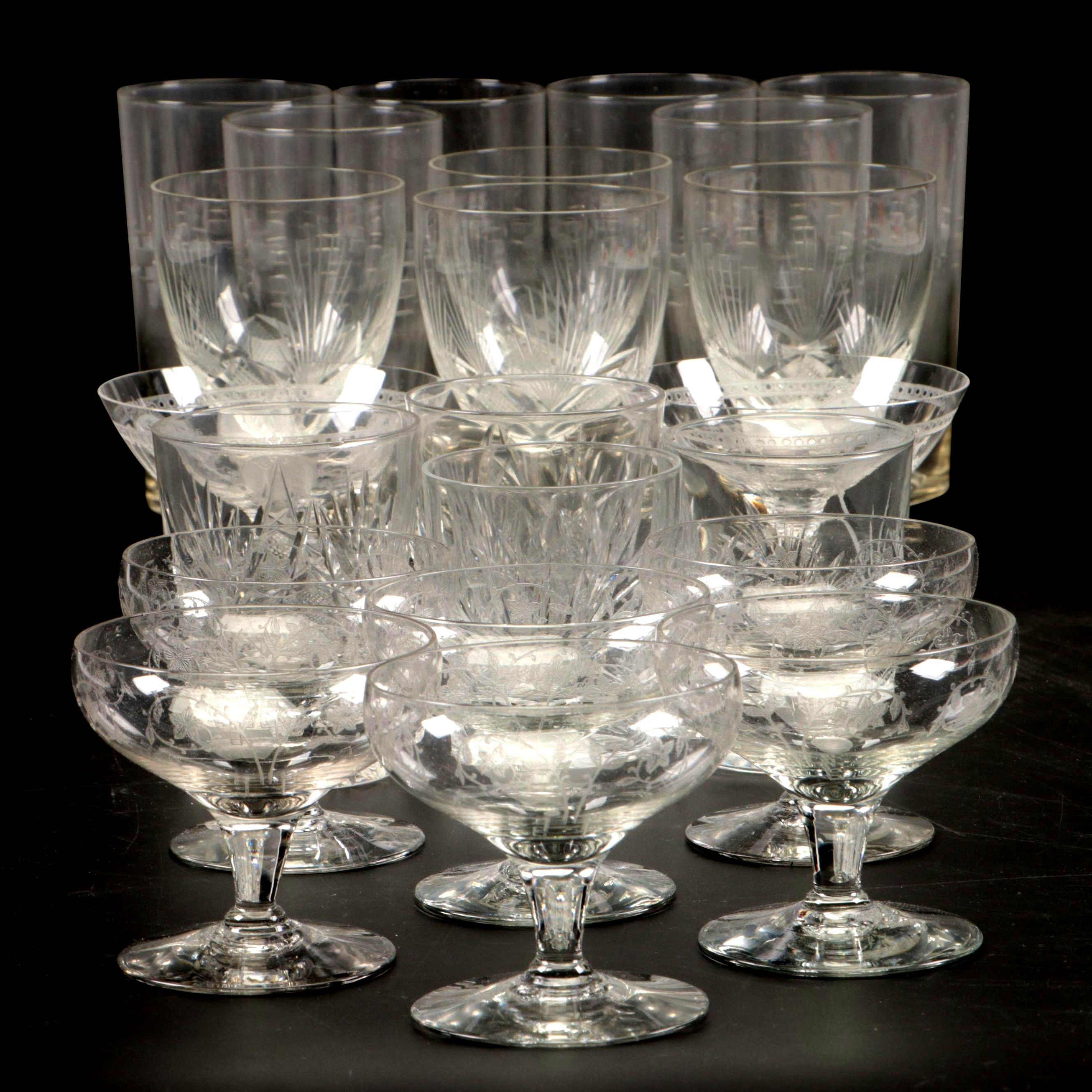 Cut Glass Water Glasses with Crystal Highball Glasses & Etched Crystal Stemware
