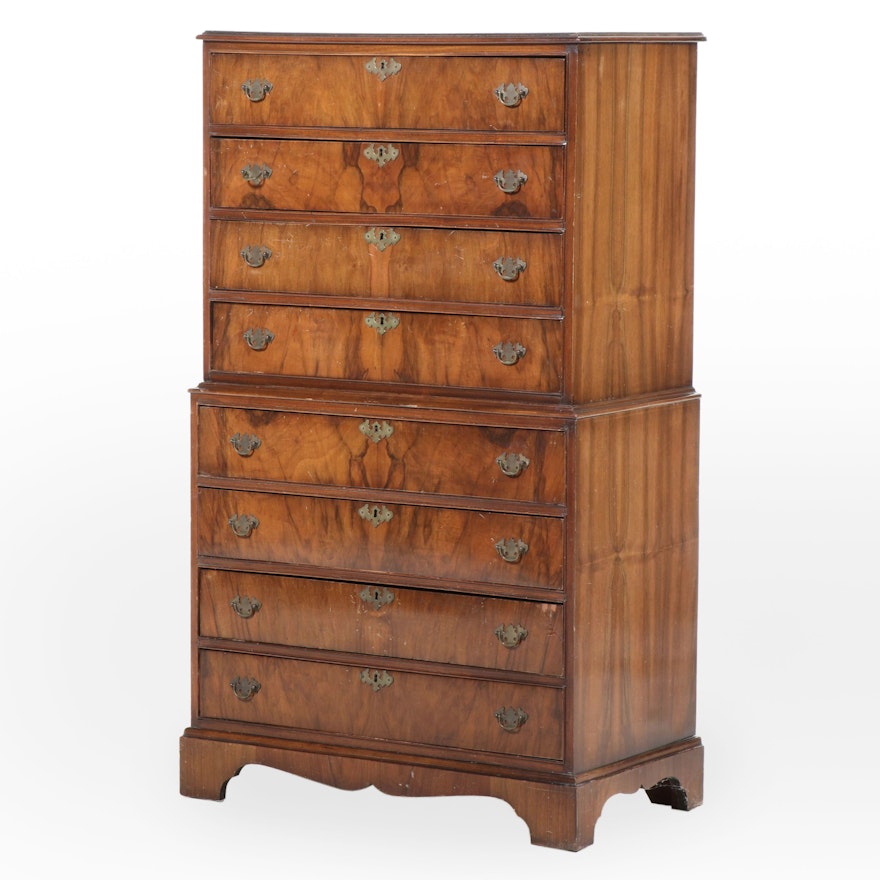 George II Style Walnut Eight-Drawer Chest-on-Chest, 20th Century