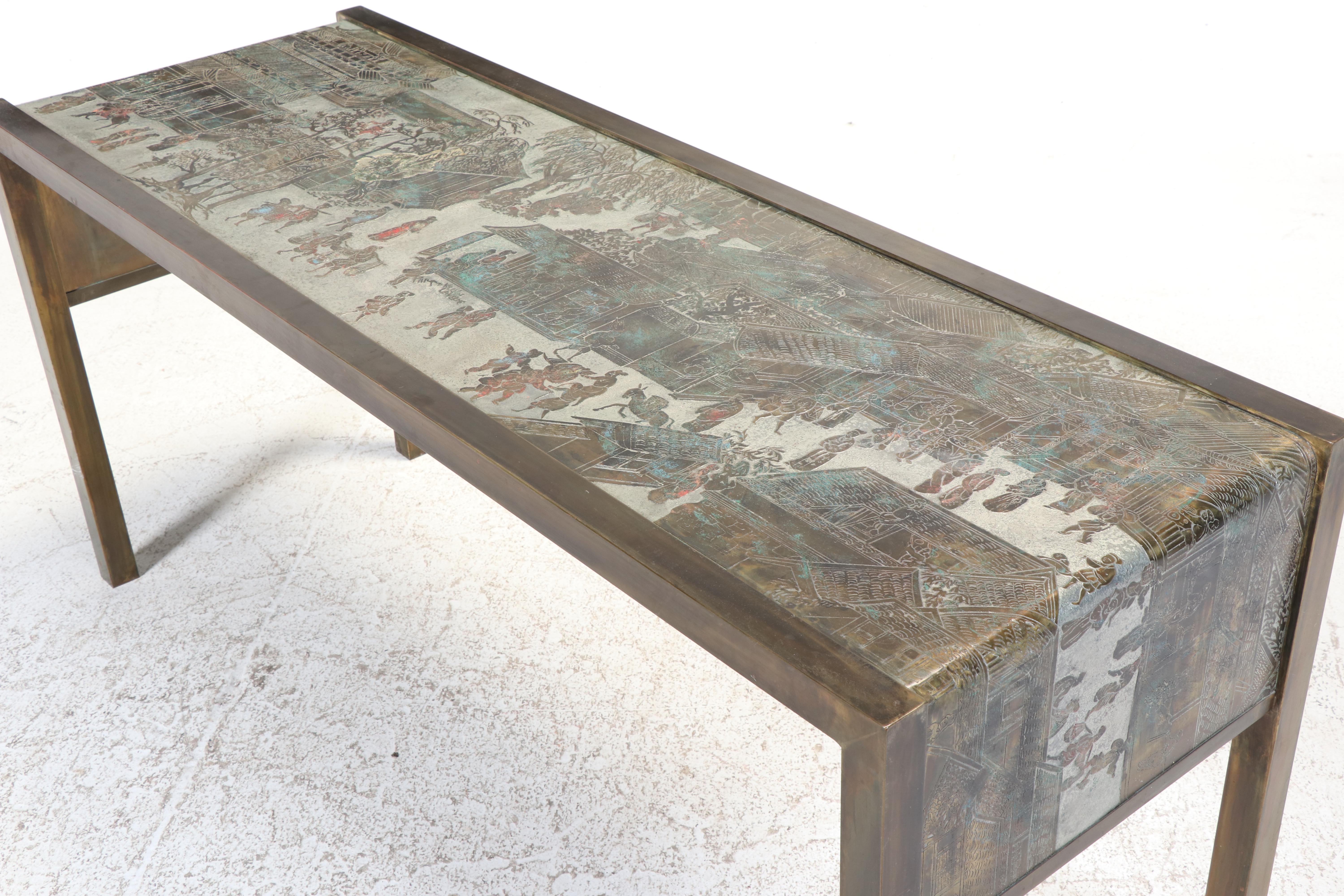 Philip & Kelvin LaVerne "Spring Festival" Etched Bronze and Pewter Console Table