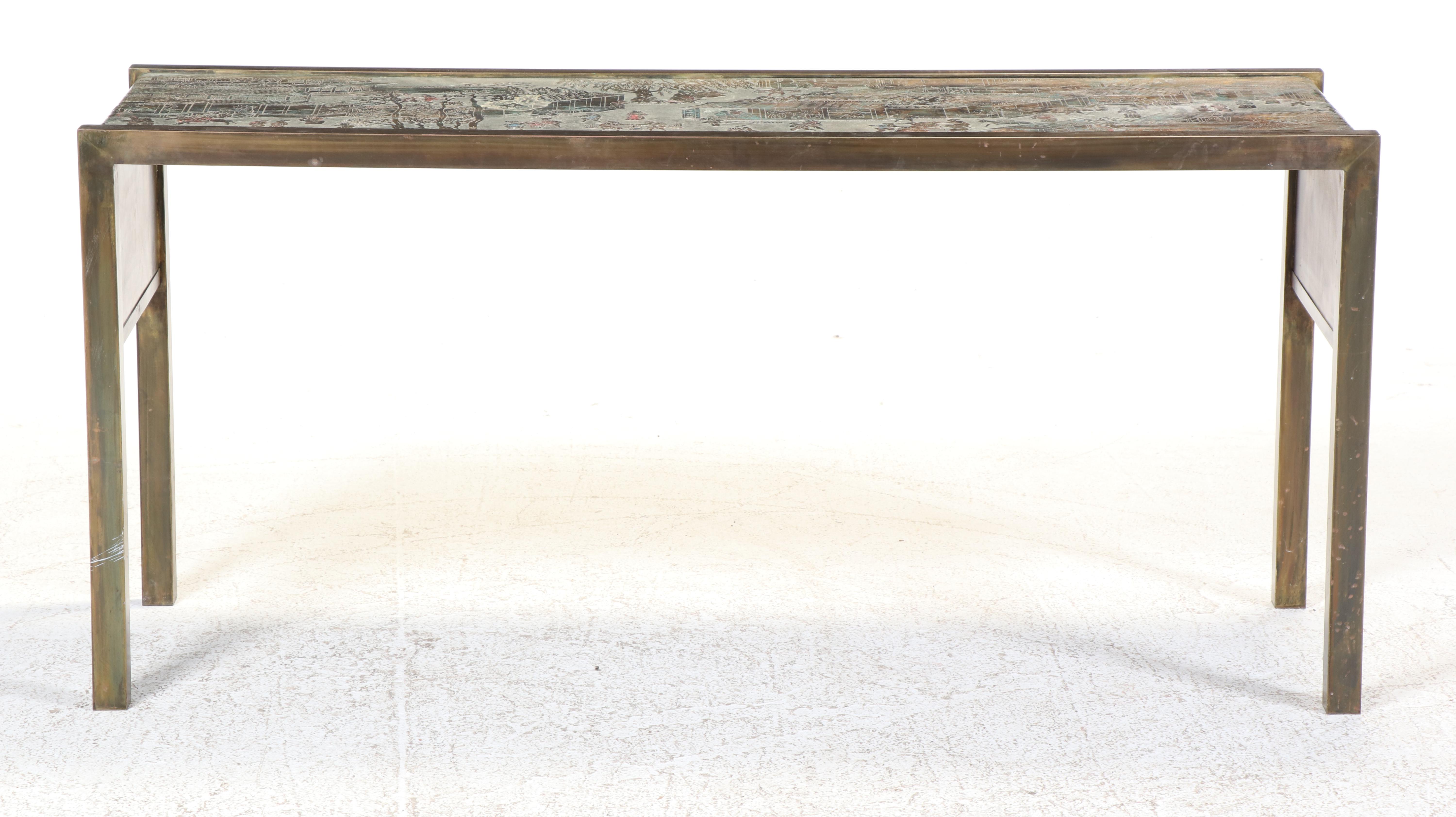 Philip & Kelvin LaVerne "Spring Festival" Etched Bronze and Pewter Console Table